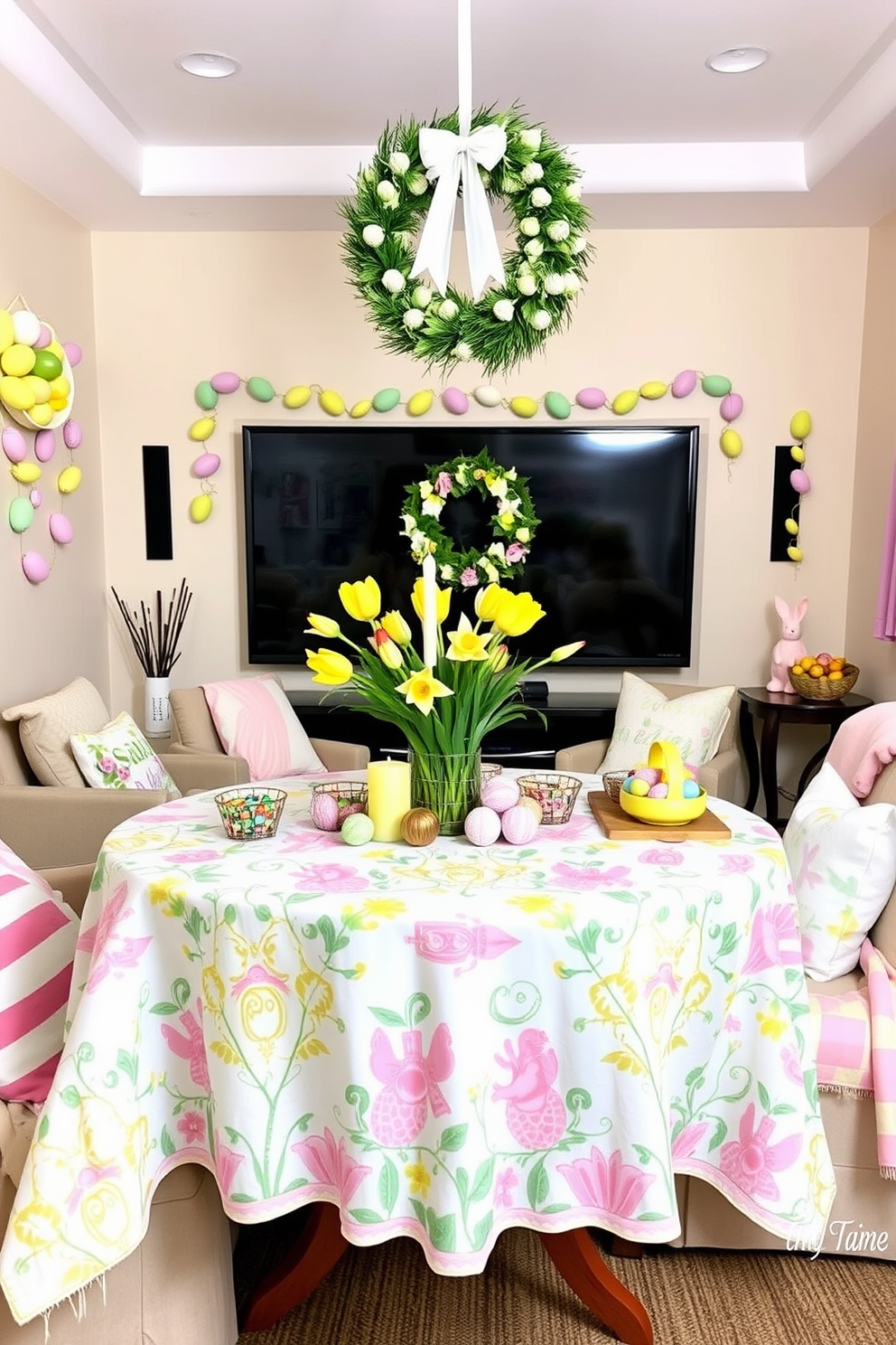 A festive tablecloth with Easter motifs. The tablecloth features vibrant pastel colors with intricate designs of Easter eggs, bunnies, and spring flowers. A centerpiece of fresh tulips and daffodils sits atop the table, surrounded by decorative Easter egg candles and small, colorful baskets filled with candy. Home Theater Easter Decorating Ideas. The walls are adorned with garlands of pastel-colored paper eggs and bunny cutouts. Cozy seating is enhanced with themed throw pillows and blankets featuring Easter patterns. A large Easter wreath hangs above the screen, and the snack area is decorated with Easter-themed bowls and trays filled with holiday treats.