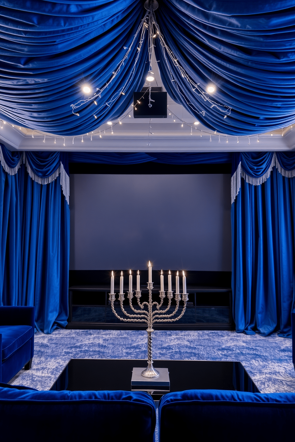 A luxurious home theater featuring blue and silver themed drapery that elegantly frames the large screen. Plush, deep blue velvet curtains cascade from the ceiling, adorned with silver tassels that catch the light beautifully. For Hanukkah decorating ideas, incorporate a stunning blue and silver color palette throughout the space. Delicate string lights twinkle above, while a beautifully arranged menorah takes center stage on a sleek, modern coffee table.