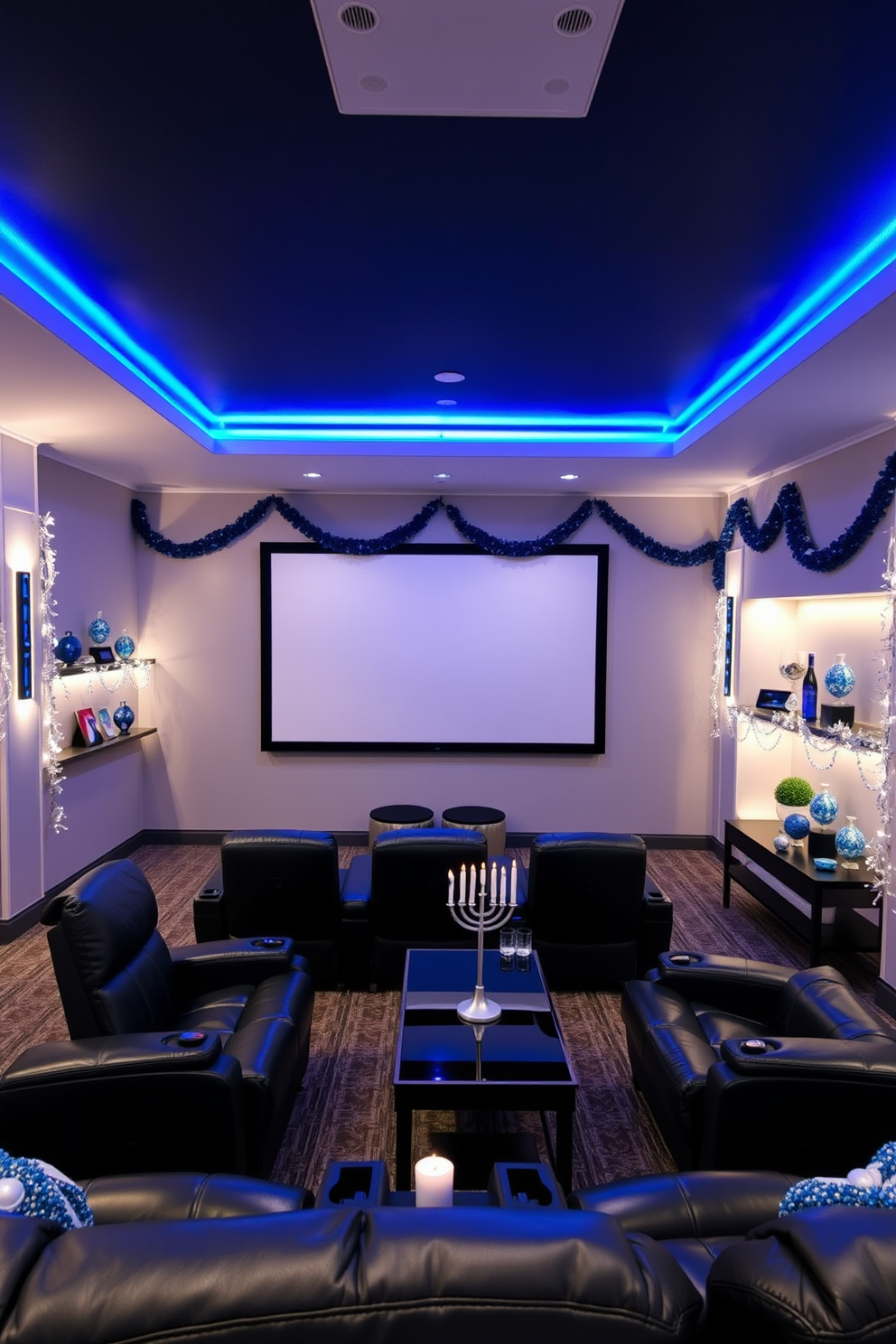 A modern home theater featuring blue LED strip lighting that runs along the ceiling and behind the screen, creating a vibrant ambiance. Plush, dark leather recliners are arranged in a staggered formation for optimal viewing, with a sleek coffee table at the center. For Hanukkah decorating ideas, the space is adorned with elegant blue and silver accents, including a beautifully set table with a menorah as the centerpiece. Decorative dreidels and shimmering garlands drape across the shelves, enhancing the festive atmosphere.