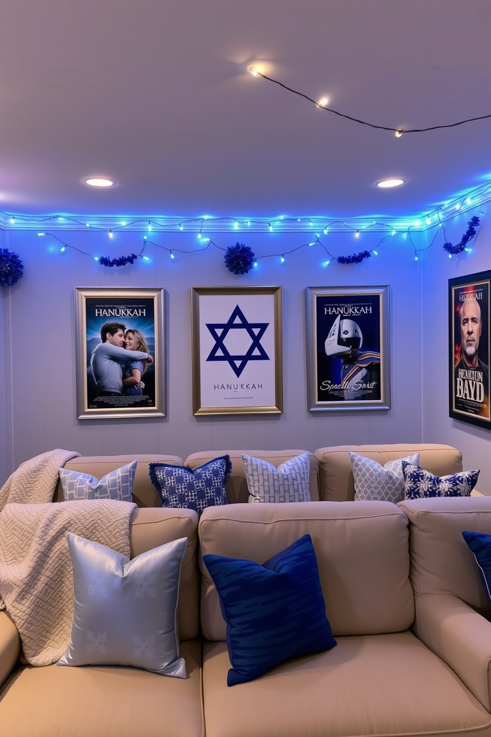 A cozy home theater decorated for Hanukkah features framed movie posters celebrating the holiday spirit. Soft blue and white lighting illuminates the space, creating a warm atmosphere perfect for family gatherings. The walls are adorned with festive decorations, including a large Star of David and string lights that twinkle above the seating area. Plush seating is arranged for optimal viewing, with cozy blankets and decorative pillows in shades of blue and silver.