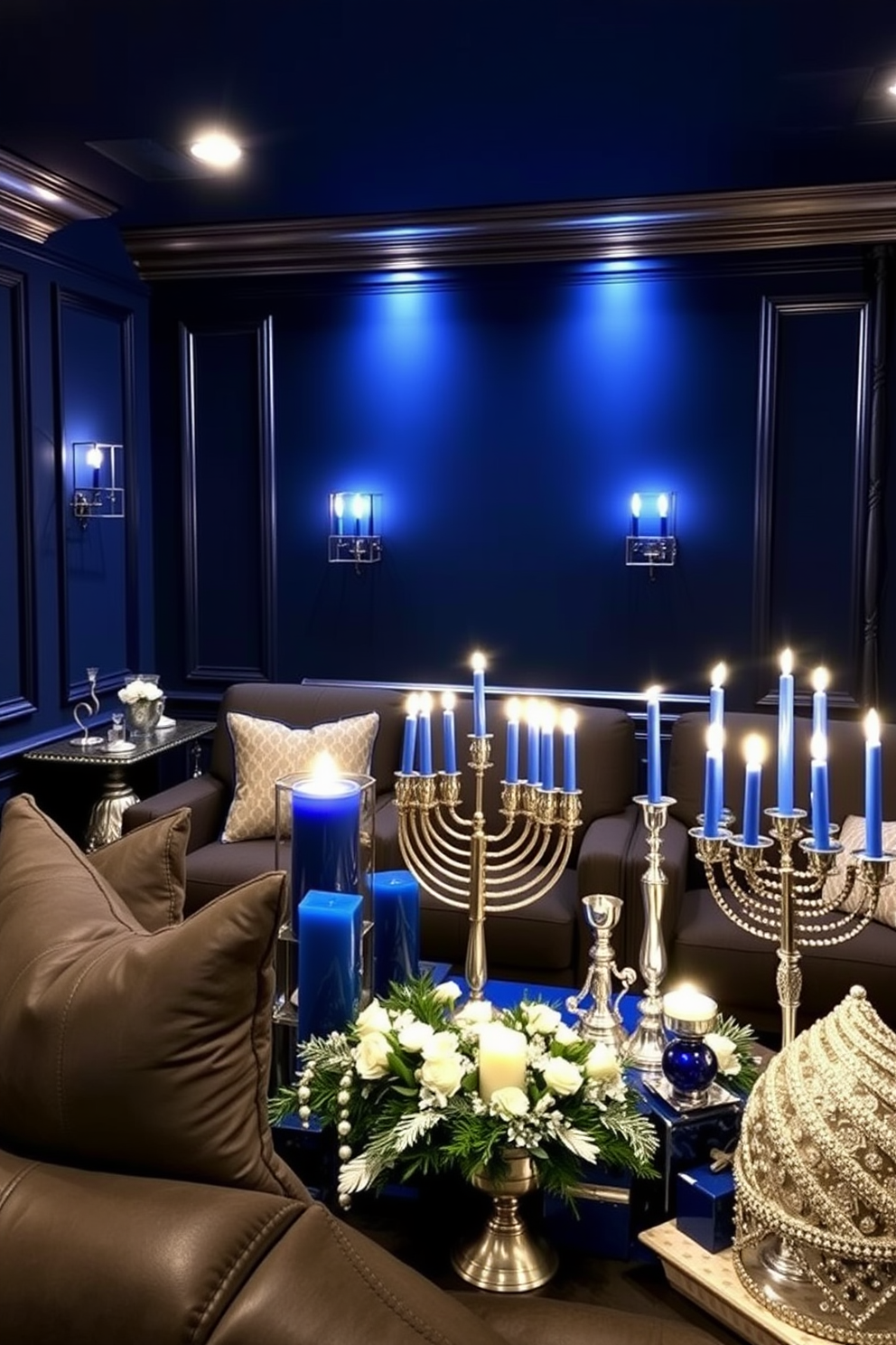 A cozy home theater adorned with elegant silver and blue candle holders that cast a soft, ambient light. The walls are painted in a deep navy, enhancing the luxurious feel, while plush seating in rich gray provides comfort for movie nights. Decorative silver accents complement the blue candle holders, adding a festive touch for Hanukkah celebrations. A beautifully arranged display of menorahs and festive decor creates a warm, inviting atmosphere perfect for gatherings with family and friends.