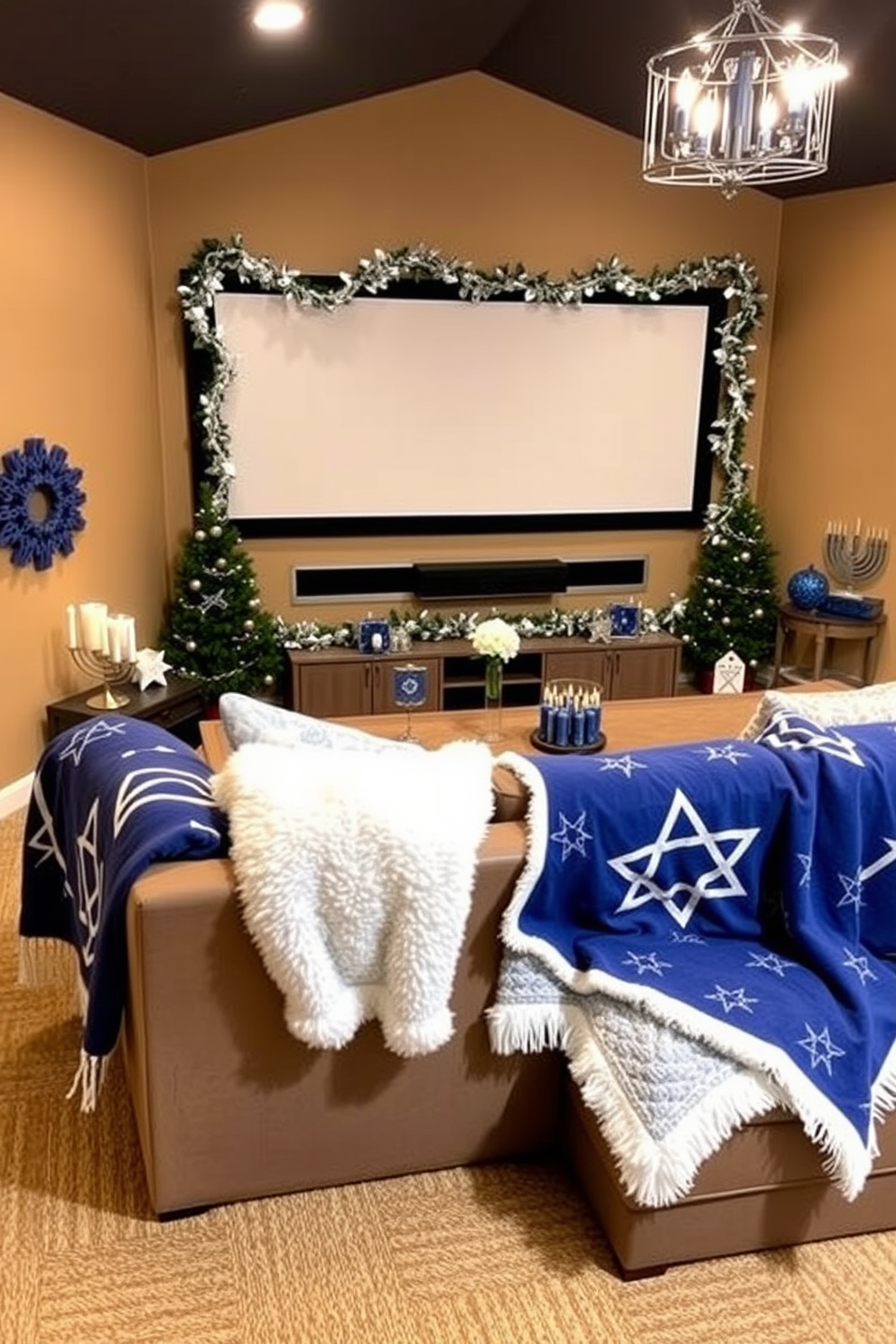 A cozy home theater adorned for Hanukkah. Plush festive blanket throws in blue and white drape over a comfortable sectional sofa, while decorative menorahs and star of David accents enhance the festive atmosphere. The walls are painted a warm beige, creating an inviting backdrop for the holiday decorations. Soft, ambient lighting highlights the space, and a large screen is framed by garlands of silver and blue, completing the perfect Hanukkah movie night setting.