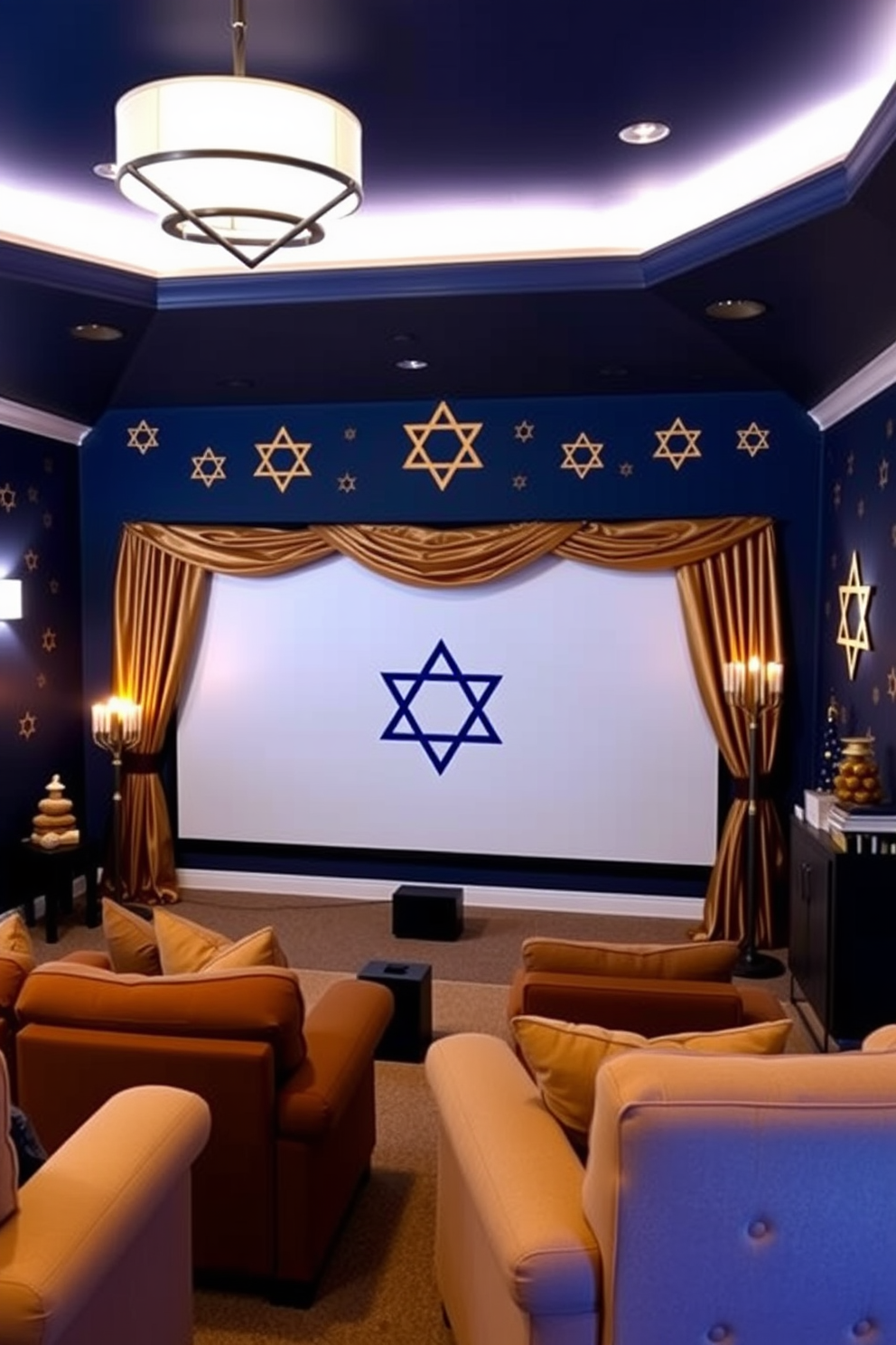 A cozy home theater adorned with Star of David wall decals creates a festive atmosphere for Hanukkah celebrations. The room features plush seating arranged for optimal viewing, with soft ambient lighting enhancing the warm, inviting space. The walls are painted in deep navy blue, providing a striking backdrop for the vibrant wall decals. A large screen is framed by elegant drapery in rich gold hues, while decorative menorahs and festive accents complete the holiday theme.