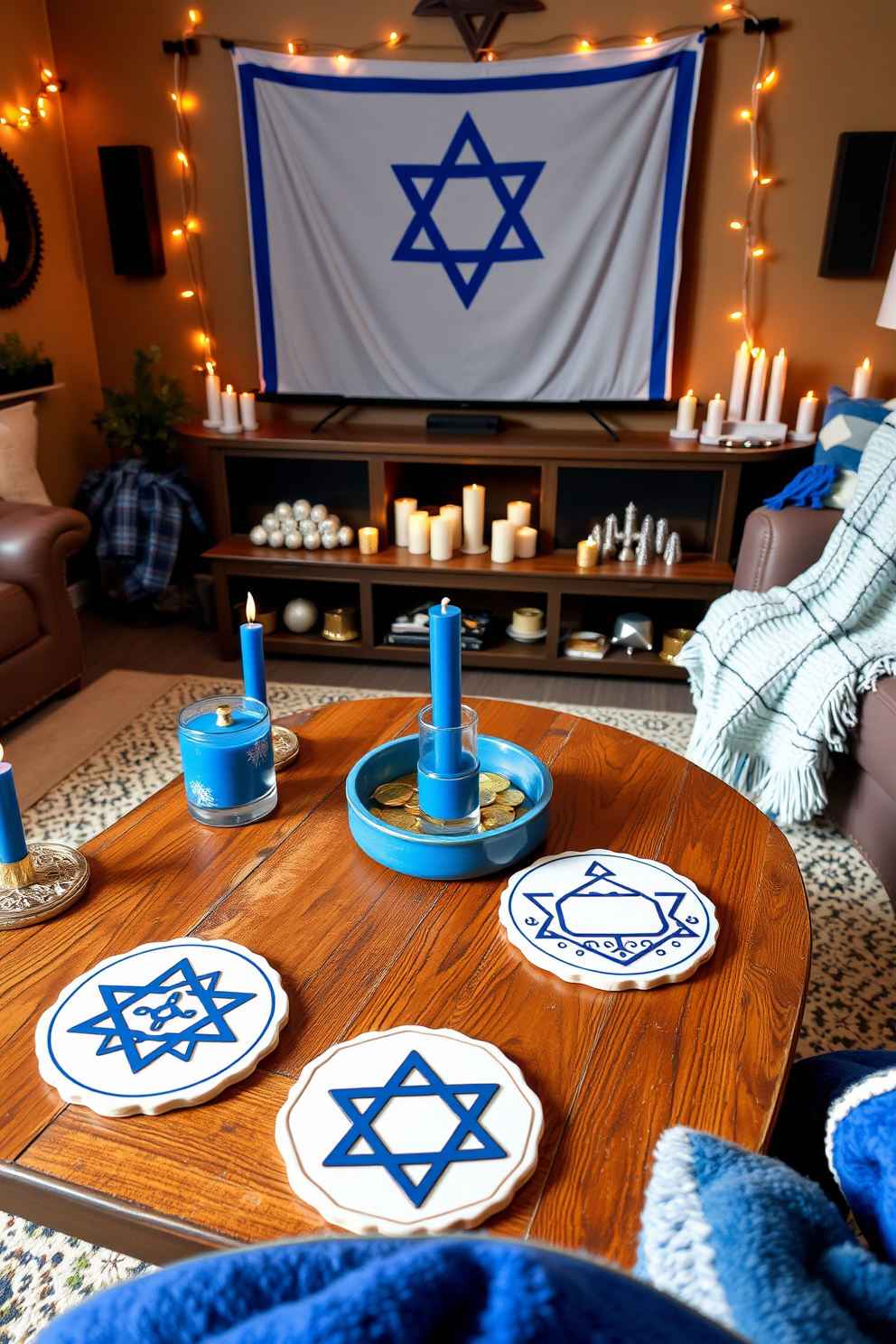 A set of Hanukkah-themed coasters featuring intricate designs of menorahs and dreidels, crafted from high-quality ceramic with a glossy finish. The coasters are arranged on a rustic wooden coffee table, surrounded by festive decorations like blue and silver candles and a decorative tray filled with gelt. A cozy home theater adorned with Hanukkah decorations, including a large Star of David banner draped across the screen. Plush seating is complemented by soft throw blankets in shades of blue and white, while the room is illuminated by string lights and candles to create a warm, inviting atmosphere.