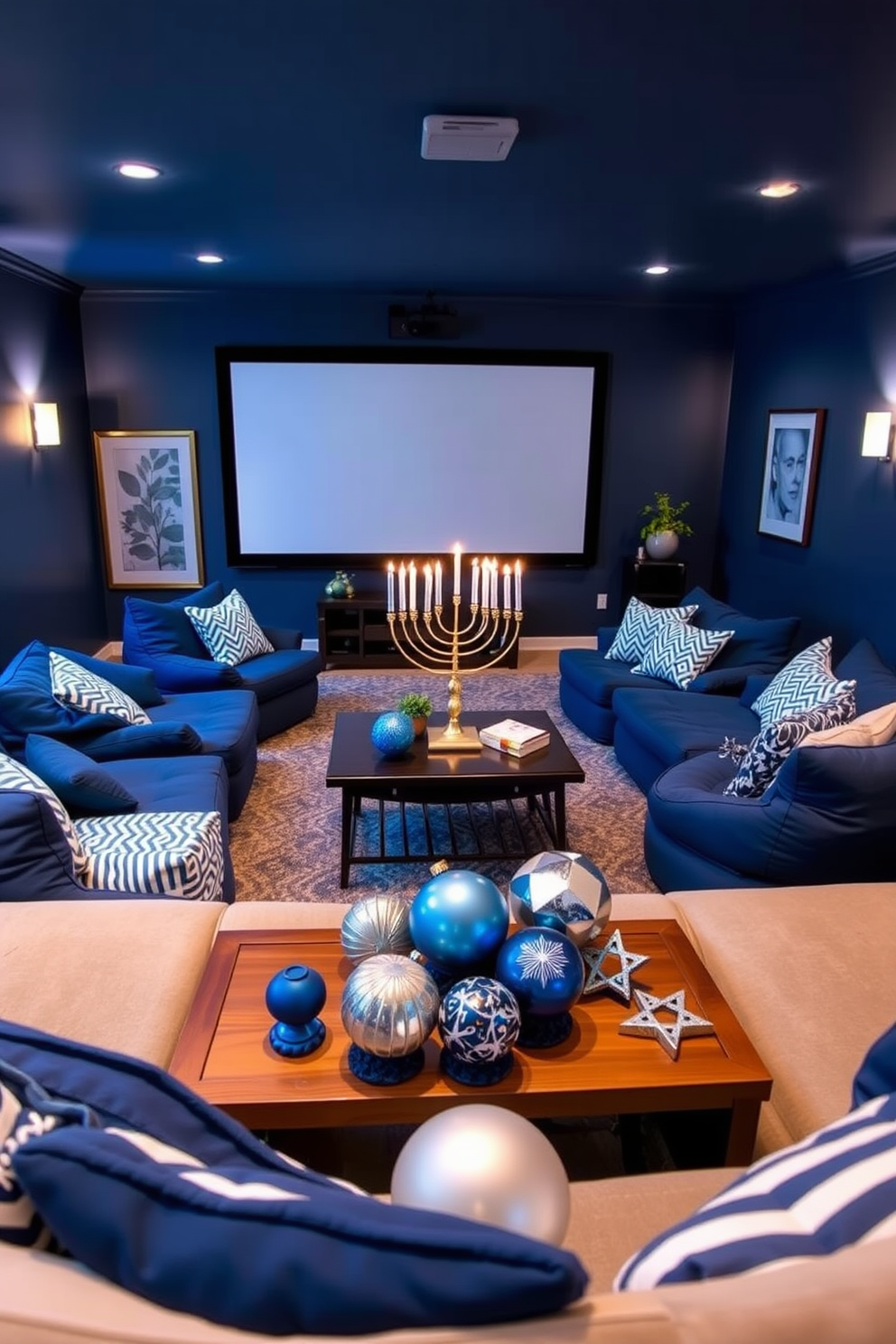 A cozy home theater setup featuring blue and white bean bags arranged in a semi-circle around a large screen. The walls are painted a deep navy blue, and soft, ambient lighting highlights the space, creating an inviting atmosphere for movie nights. For Hanukkah decorating ideas, envision a warm living room adorned with blue and silver accents. A beautifully lit menorah sits on the coffee table, surrounded by festive decorations like dreidels and star of David ornaments, enhancing the celebratory spirit.