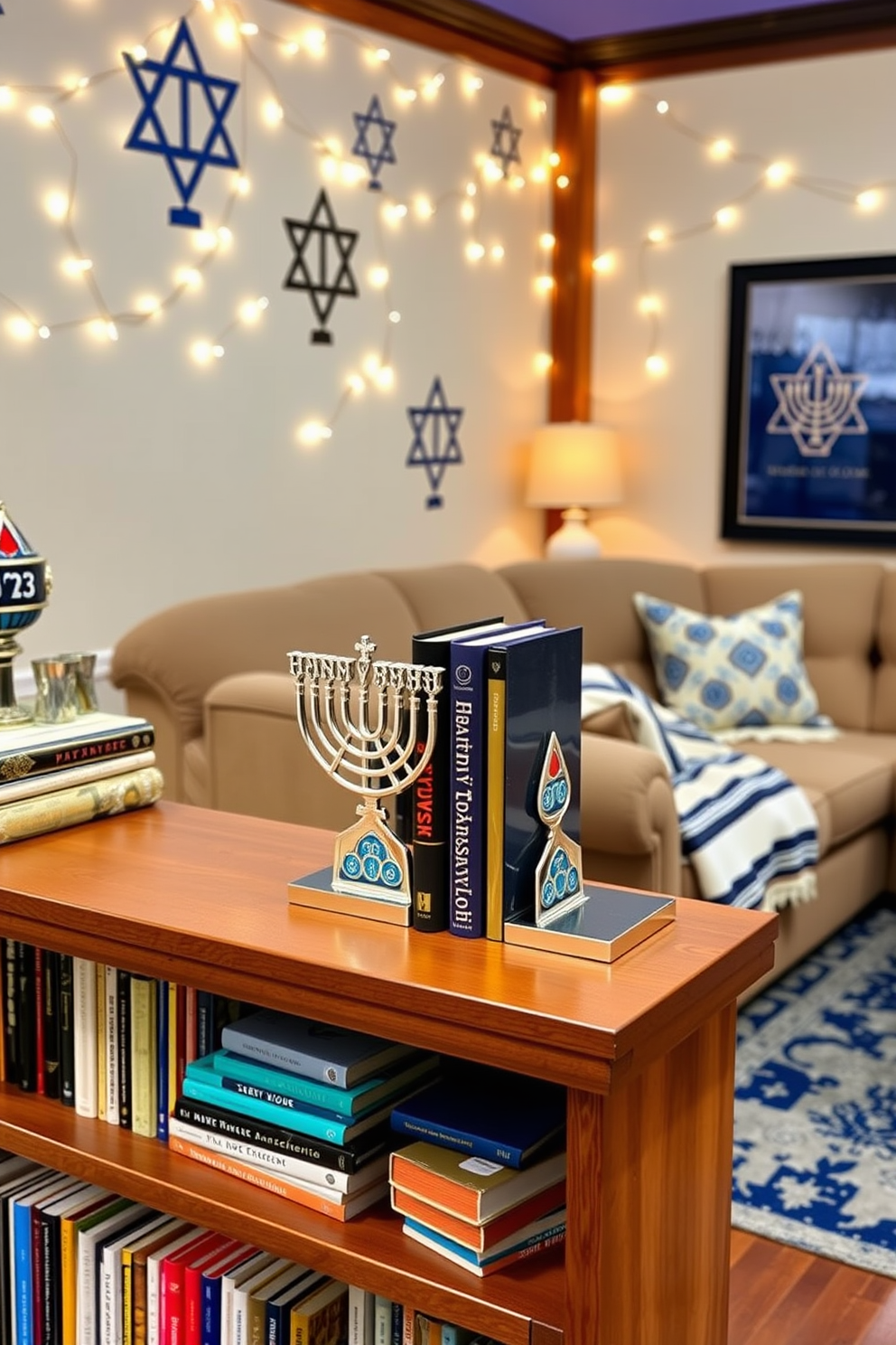 A pair of elegant Hanukkah-themed bookends designed as intricately carved menorahs, crafted from polished silver with a subtle blue enamel finish. They stand proudly on a wooden bookshelf filled with an array of colorful books, adding a festive touch to the literary collection. A cozy home theater adorned with festive Hanukkah decorations, featuring a plush sectional sofa draped with blue and white throw blankets. The walls are decorated with string lights and tasteful menorah motifs, creating a warm and inviting atmosphere for family movie nights during the holiday season.