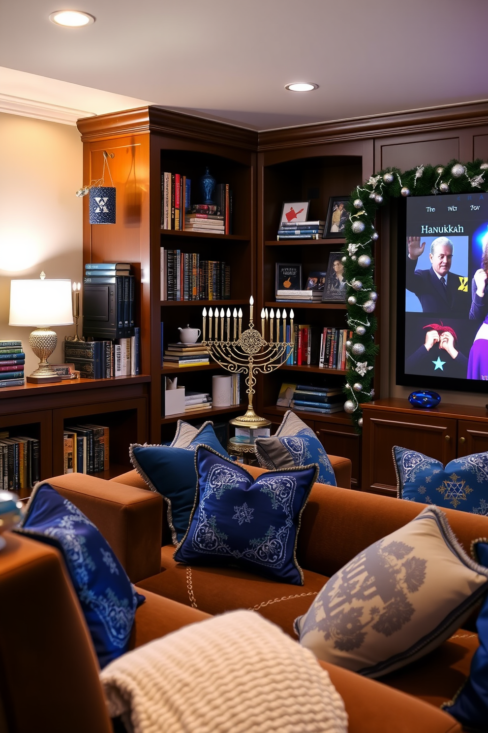 A beautifully arranged bookshelf features a decorative menorah, elegantly crafted with intricate designs and placed prominently among a collection of books. Soft, warm lighting highlights the menorah, creating a cozy and inviting atmosphere perfect for Hanukkah celebrations. The home theater is adorned with festive Hanukkah decorations, including blue and silver accents throughout the space. Plush seating is complemented by themed throw pillows, while a large screen showcases classic holiday films, enhancing the celebratory mood.