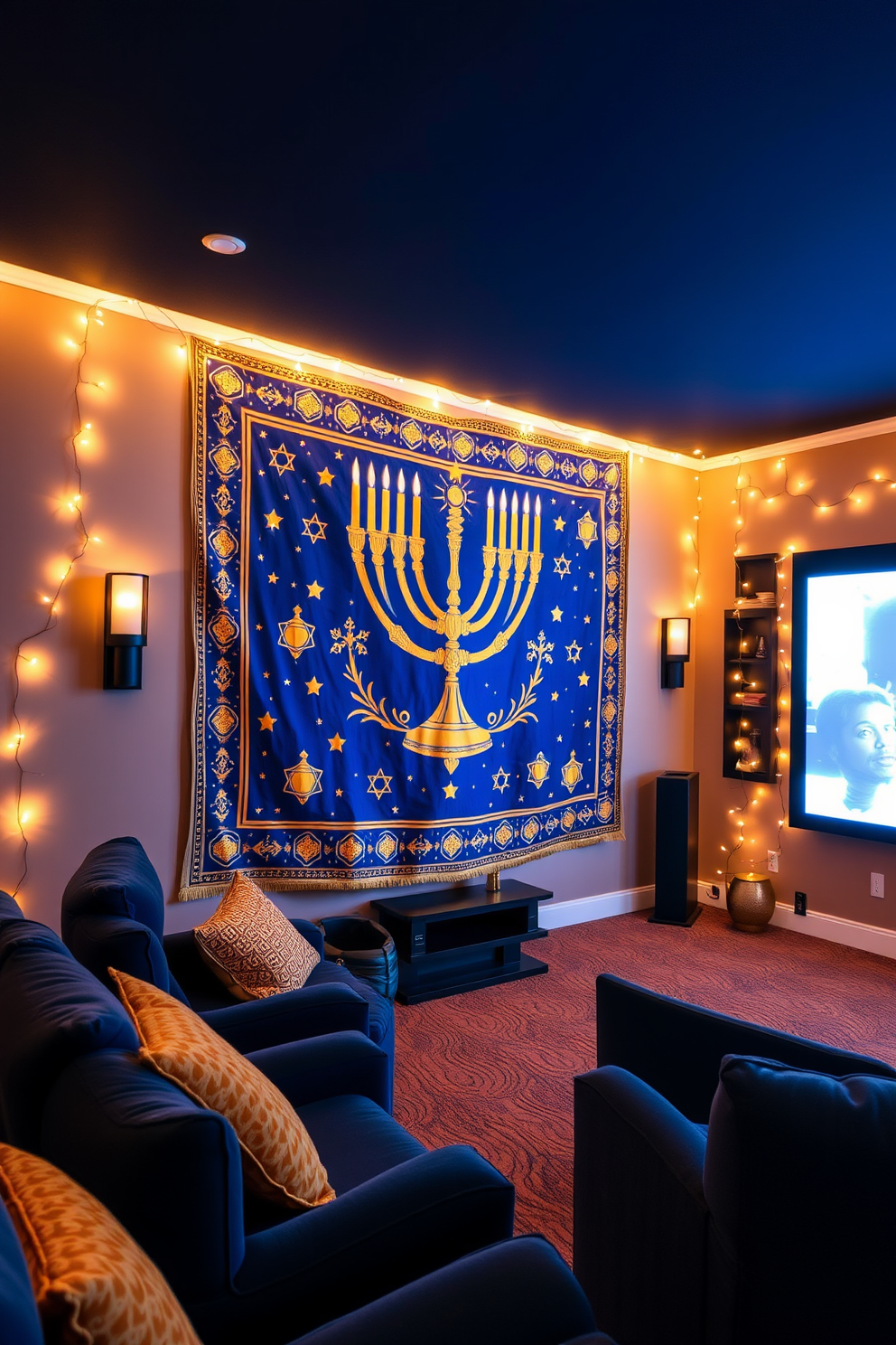 A Hanukkah-themed wall tapestry hangs prominently on the wall, featuring vibrant blue and gold colors with intricate designs of menorahs and dreidels. Soft, ambient lighting enhances the warmth of the tapestry, creating a cozy and festive atmosphere in the room. The home theater is adorned with plush seating in deep navy, complemented by gold accents that echo the Hanukkah theme. Twinkling string lights are draped along the walls, adding a magical touch to the space, while a large screen showcases classic holiday films for family gatherings.