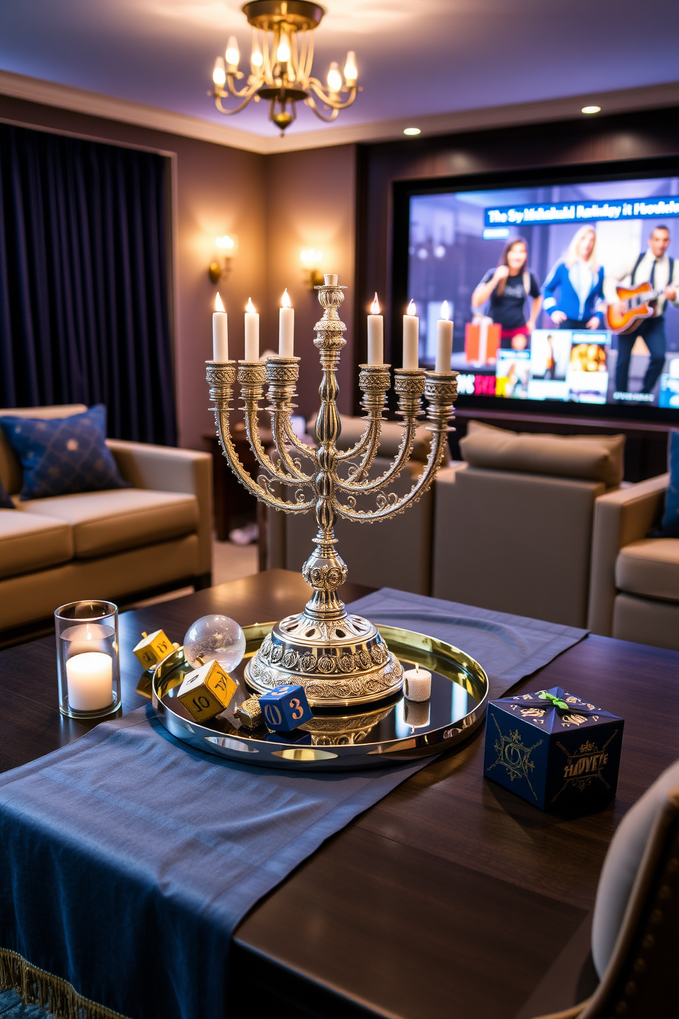 A beautifully arranged coffee table features a stunning menorah centerpiece, crafted from polished silver with intricate detailing. Surrounding the menorah are festive decorations, including decorative dreidels and a soft, elegant table runner in rich blue and gold tones. The home theater is transformed for Hanukkah with soft ambient lighting and cozy seating. Plush cushions in deep jewel tones complement the festive decor, while a large screen displays classic Hanukkah films, creating a warm and inviting atmosphere for family gatherings.