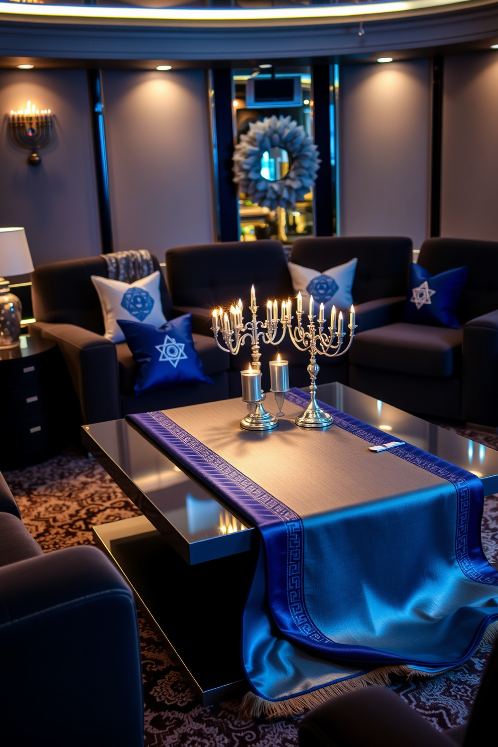 A luxurious home theater setting adorned with a blue and silver table runner elegantly draped over a sleek, modern coffee table. Soft, ambient lighting casts a warm glow, highlighting plush seating and festive Hanukkah decorations, including silver menorahs and blue-themed cushions.