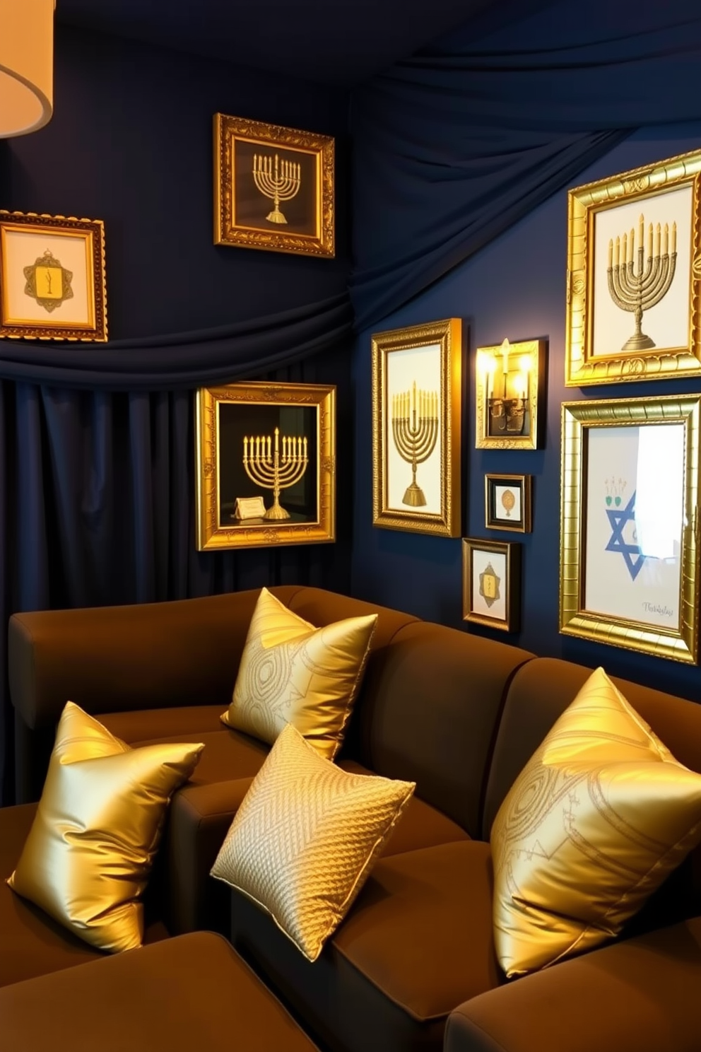 A cozy home theater adorned with Hanukkah-themed picture frames. The walls are draped in deep blue fabric, and the soft lighting creates an inviting atmosphere for movie nights. The picture frames are decorated with traditional symbols of Hanukkah, featuring menorahs and dreidels. Plush seating is arranged in a semi-circle, with decorative throw pillows in shades of gold and silver to enhance the festive spirit.