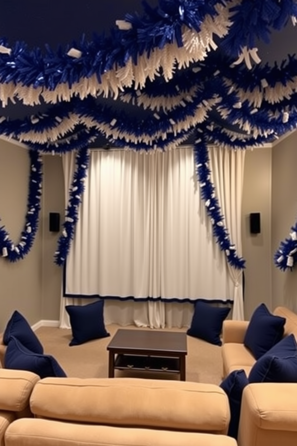 A cozy home theater adorned with festive blue and white garland, draping elegantly across the ceiling and walls. The room features plush seating with navy blue cushions and a large screen framed by soft white curtains, creating a warm and inviting atmosphere for Hanukkah celebrations.