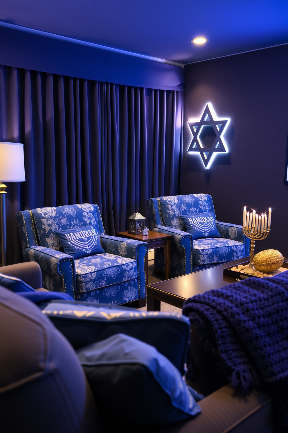 A cozy home theater featuring two Hanukkah-themed accent chairs adorned with blue and silver fabrics, showcasing traditional motifs such as menorahs and dreidels. The walls are draped in rich navy fabric, while soft ambient lighting creates a warm atmosphere, perfect for family gatherings during the holiday season. Incorporate festive decorations throughout the space, including a large Star of David on the wall and a menorah on the coffee table. The seating area is complemented by plush throw blankets in shades of blue, inviting guests to relax and enjoy holiday movie nights.