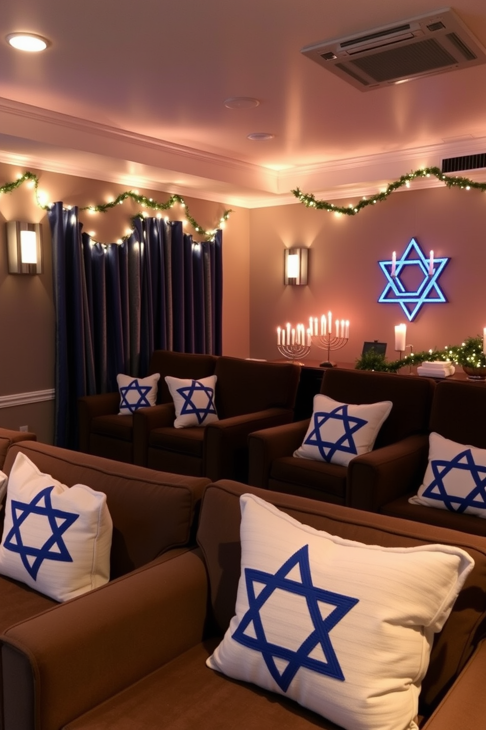 A cozy home theater adorned with plush seating, featuring Star of David patterned pillows in shades of blue and white. Soft ambient lighting casts a warm glow, while festive Hanukkah decorations, including string lights and menorahs, create a welcoming atmosphere for family gatherings.