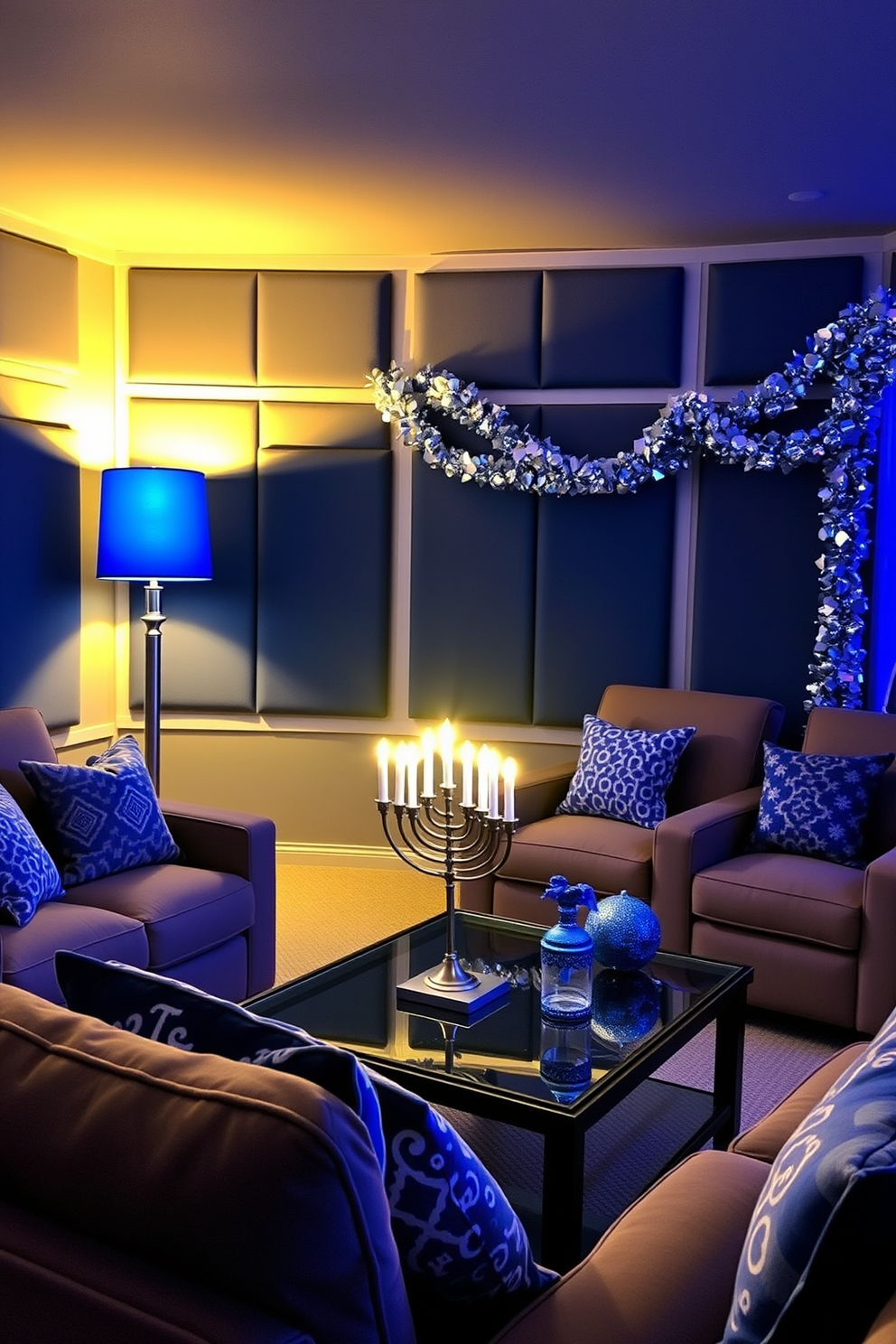 A cozy home theater setting featuring blue and silver floor lamps that provide soft, ambient lighting. The walls are adorned with dark acoustic panels, and plush seating is arranged for optimal viewing comfort, creating an inviting atmosphere for movie nights. For Hanukkah decorating ideas, the room is accented with blue and silver decorations, including a beautifully lit menorah on the coffee table. Decorative garlands in silver and blue drape across the walls, enhancing the festive spirit while maintaining an elegant aesthetic.