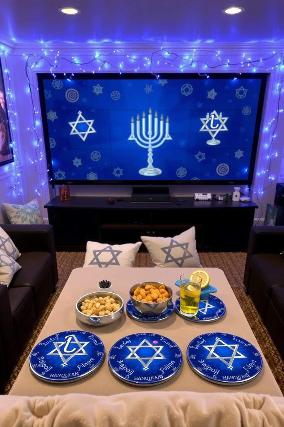 A set of Hanukkah-themed drink coasters featuring a rich blue background adorned with silver and gold menorahs, dreidels, and Star of David motifs. Each coaster is crafted from durable ceramic with a glossy finish, perfect for adding a festive touch to any gathering. A cozy home theater decorated for Hanukkah, showcasing a large screen framed by twinkling blue and white fairy lights. Plush seating is arranged for comfort, with decorative pillows featuring traditional symbols, and a table set with snacks and drinks in festive serving ware.