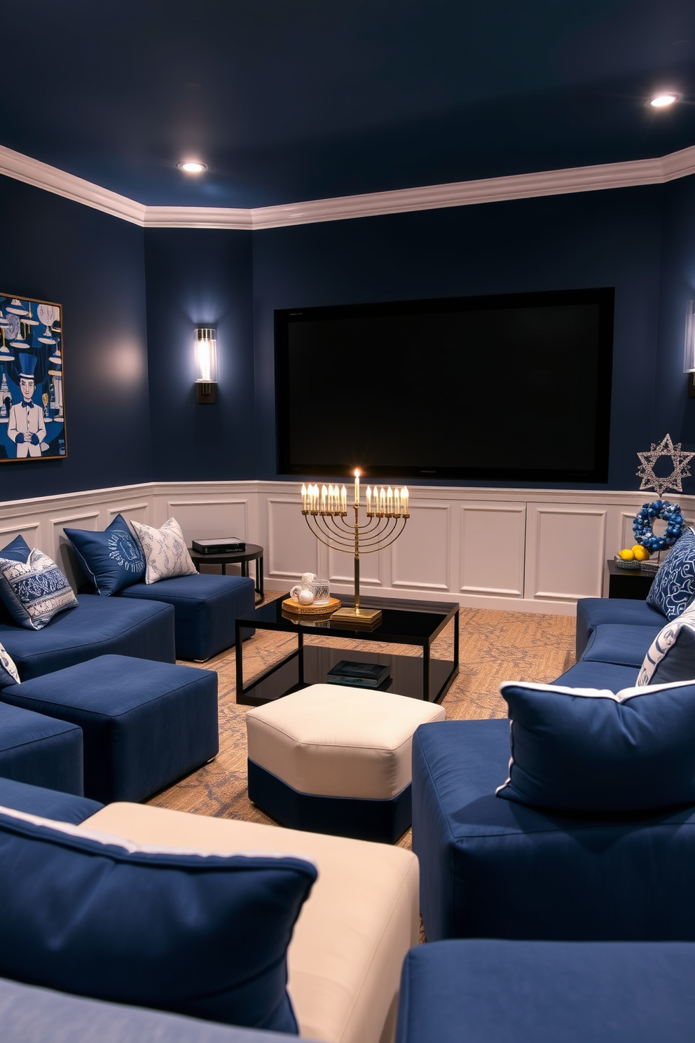 A cozy home theater featuring blue and white ottomans arranged in a semi-circle around a large screen. The walls are painted a deep navy, with soft lighting creating an inviting atmosphere for movie nights. Festive Hanukkah decorations adorn the space, including a beautifully lit menorah placed on a sleek coffee table. Blue and silver accents, such as cushions and wall art, enhance the celebratory mood while complementing the overall design.