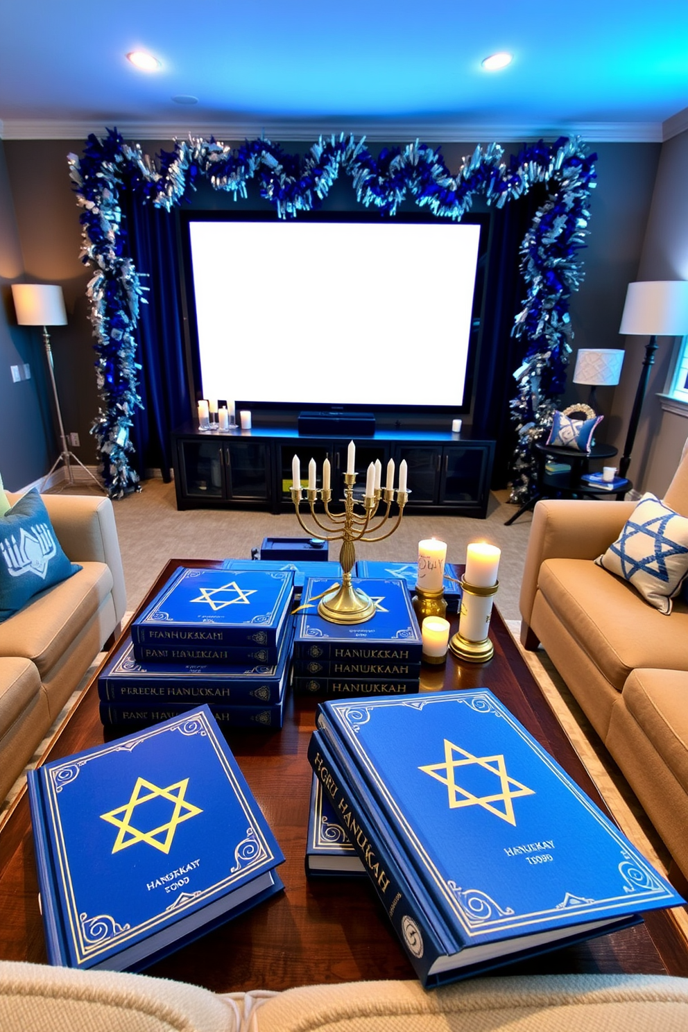 A cozy coffee table adorned with beautifully designed Hanukkah-themed books, featuring vibrant blue and gold covers. The table is surrounded by plush seating, with a warm glow from nearby candles creating an inviting atmosphere. A home theater decorated for Hanukkah, showcasing a large screen framed by decorative blue and silver garlands. Comfortable seating is arranged in a semi-circle, with cushions featuring Star of David patterns and a menorah placed on a side table for added festive charm.