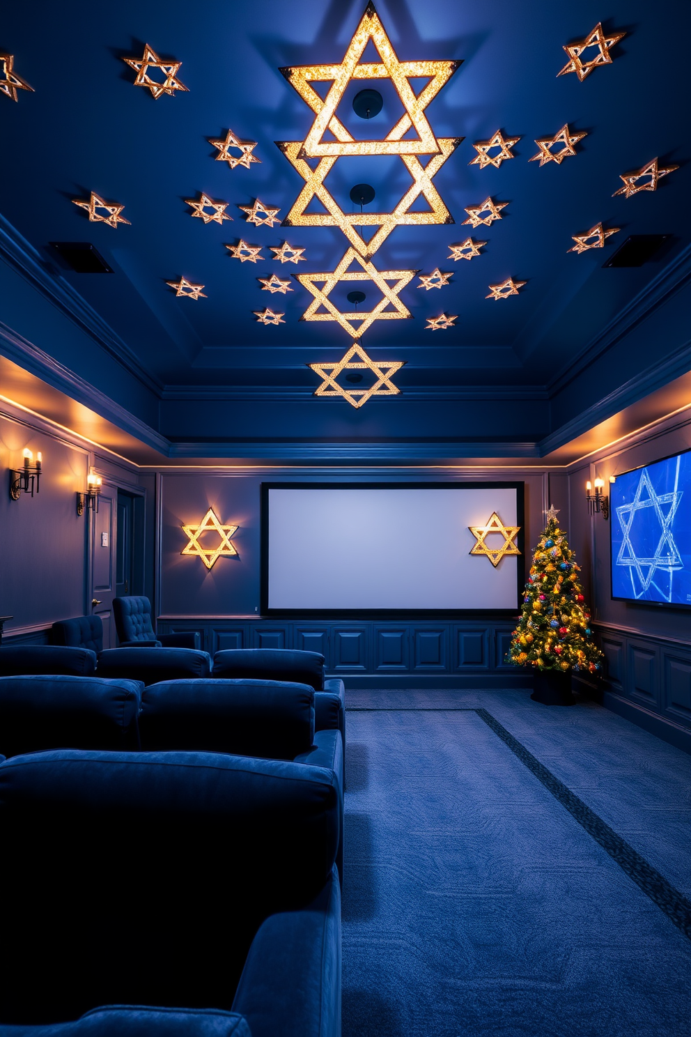 A luxurious home theater adorned with Star of David ceiling ornaments creates a festive ambiance for Hanukkah celebrations. The walls are painted in deep blue, complementing plush velvet seating arranged for optimal viewing, while soft, warm lighting enhances the festive decorations.