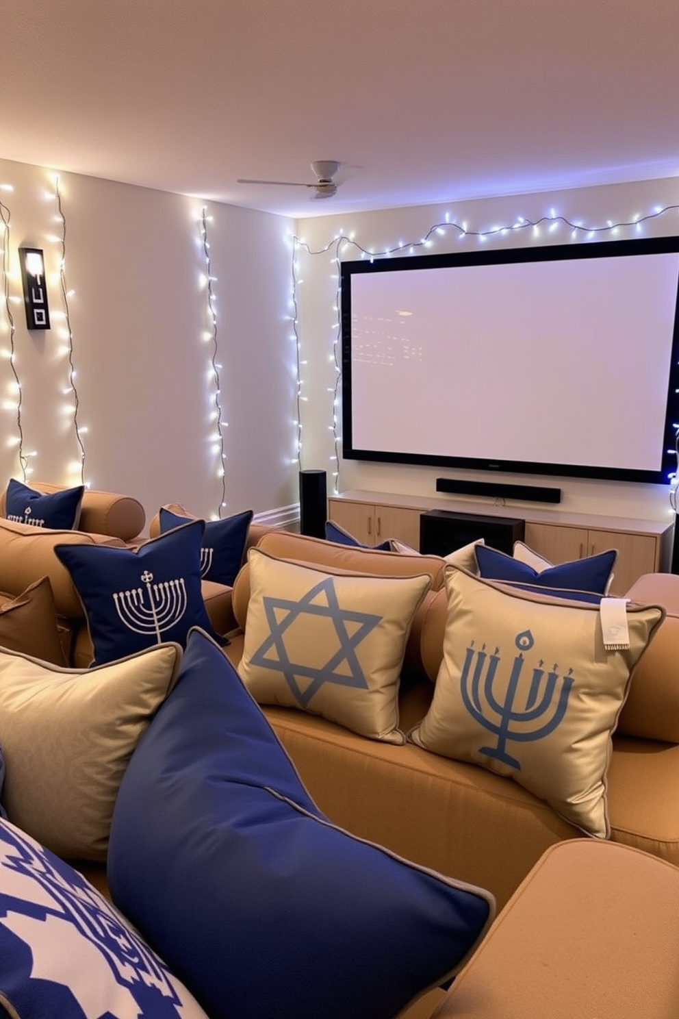 A cozy home theater adorned with Hanukkah-themed throw pillows in shades of blue and silver. The pillows feature traditional motifs, such as menorahs and dreidels, adding a festive touch to the plush seating area. The walls are decorated with soft, ambient lighting that creates a warm atmosphere for family gatherings. A large screen is framed with garlands of blue and white lights, enhancing the celebratory spirit of Hanukkah.