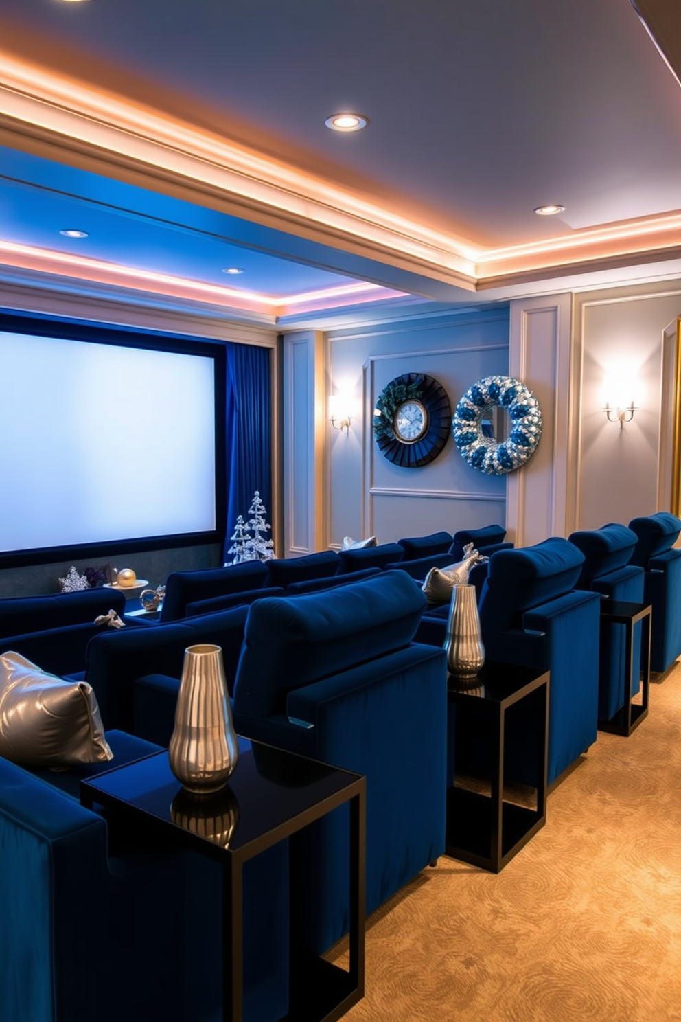 A luxurious home theater designed for comfort and style. Plush, deep blue velvet seating is arranged in a semi-circle around a large screen, with silver decorative vases placed on sleek black side tables. The room is adorned with soft, ambient lighting to create a cozy atmosphere. Festive Hanukkah decorations, including blue and silver accents, are tastefully integrated into the design, enhancing the overall elegance of the space.