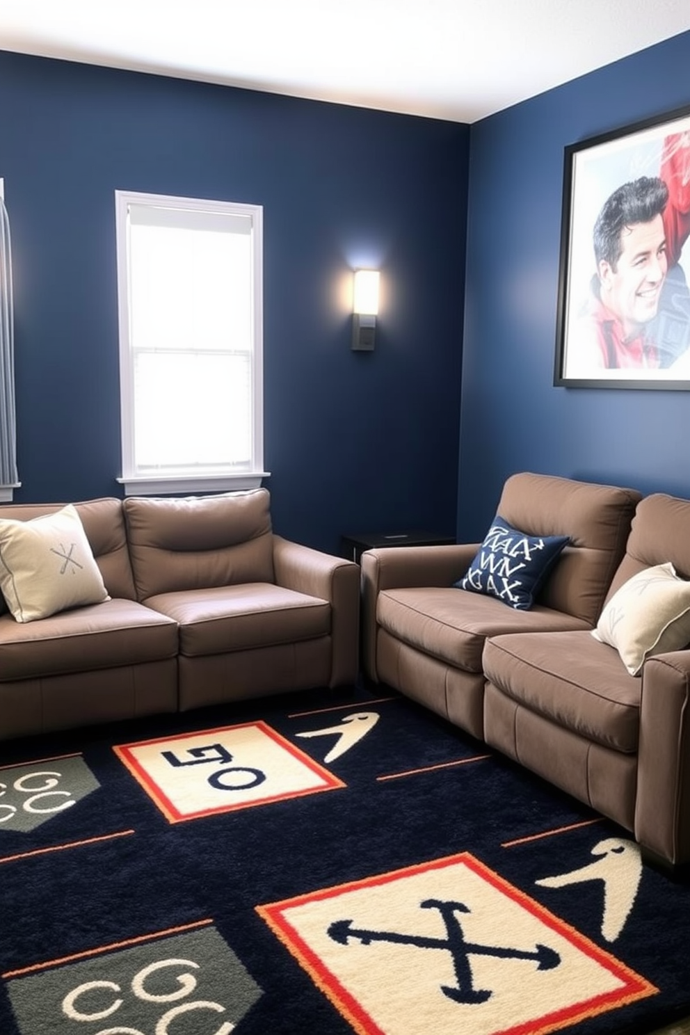 A cozy home theater adorned with a dreidel patterned area rug that adds a festive touch to the space. The walls are painted a deep navy, and plush seating is arranged for optimal viewing, creating an inviting atmosphere for Hanukkah celebrations.