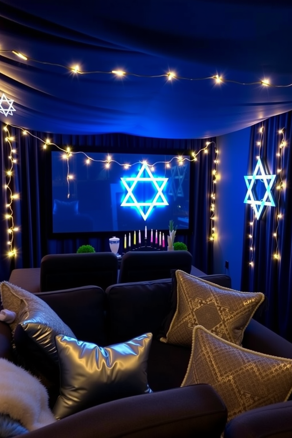 A cozy home theater adorned for Hanukkah features string lights shaped like Stars of David, creating a warm and festive ambiance. The walls are draped with deep blue fabric, while plush seating is arranged for optimal viewing, complemented by decorative throw pillows in silver and white.