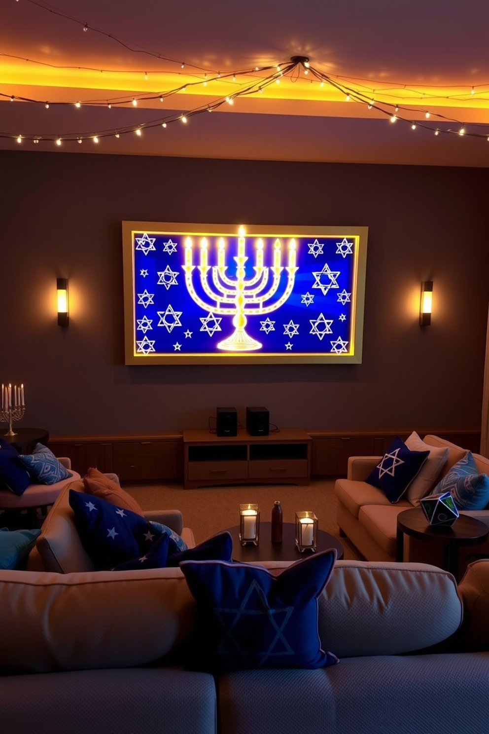 A stunning illuminated Hanukkah wall art piece takes center stage, featuring intricate designs of menorahs and stars of David, glowing softly against a deep blue backdrop. The artwork is framed in a sleek, gold frame that complements the warm lighting of the room, creating a festive atmosphere. In the home theater, cozy seating is arranged in a semi-circle around a large screen, adorned with Hanukkah-themed throw pillows. Twinkling string lights drape across the ceiling, while decorative menorahs and dreidels are thoughtfully placed on side tables, enhancing the celebratory ambiance.