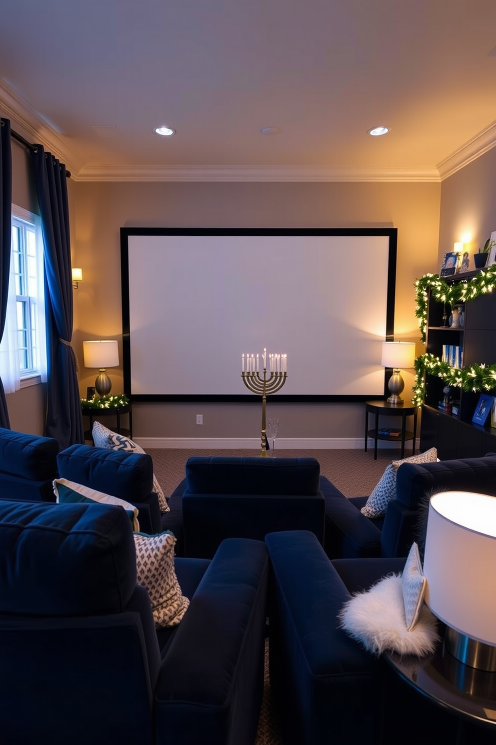 A cozy home theater featuring plush seating in rich navy blue, complemented by blue and white window curtains that frame a large screen. Soft, ambient lighting creates a warm atmosphere, while decorative Hanukkah elements adorn the space, including a menorah on a side table and festive garlands draped along the shelves.