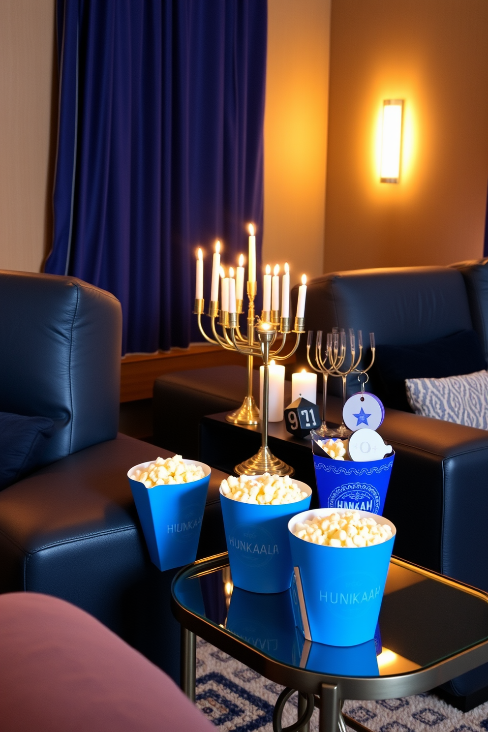 A cozy home theater adorned with Hanukkah-themed popcorn bowls. The popcorn bowls are decorated with blue and silver motifs, surrounded by plush seating and soft, ambient lighting. On a side table, a beautifully arranged display features menorahs and dreidels, enhancing the festive atmosphere. The walls are draped in navy fabric, creating a warm and inviting backdrop for family movie nights.