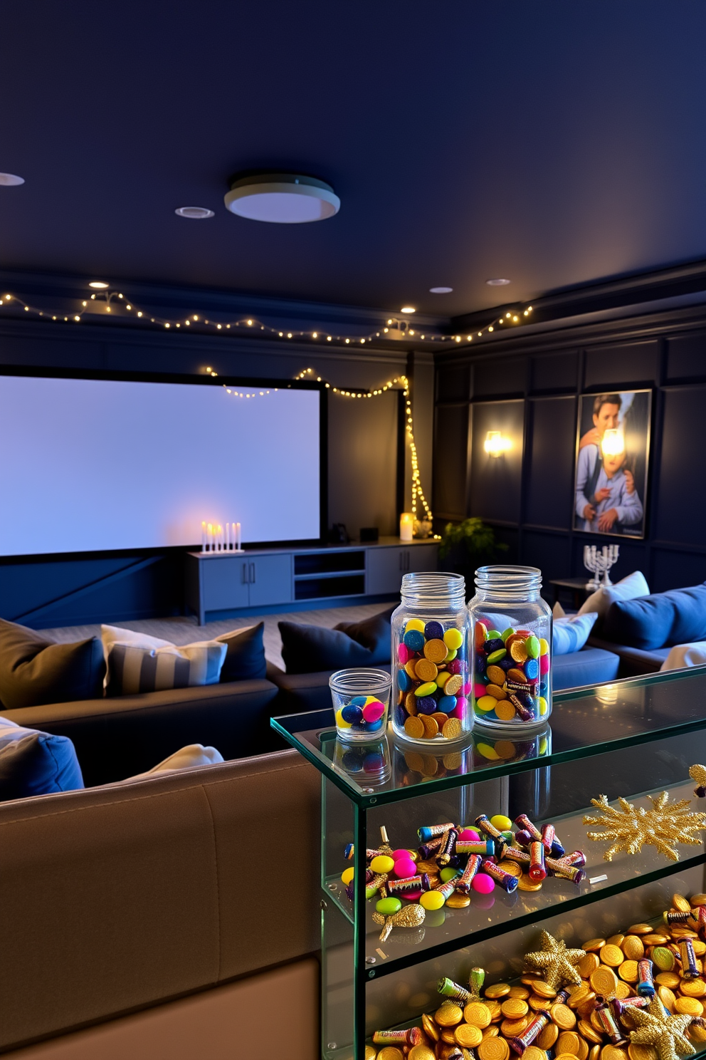 A cozy home theater adorned for Hanukkah features plush seating arranged in a semi-circle around a large screen. The walls are painted a deep navy blue, with twinkling string lights and decorative gelt-filled jars placed on side tables, adding a festive touch. The jars, filled with colorful chocolate coins, are displayed prominently on a sleek glass shelf, reflecting the warm glow of the ambient lighting. Soft, layered textiles in shades of blue and silver create a comfortable atmosphere, inviting family and friends to gather and celebrate the holiday.