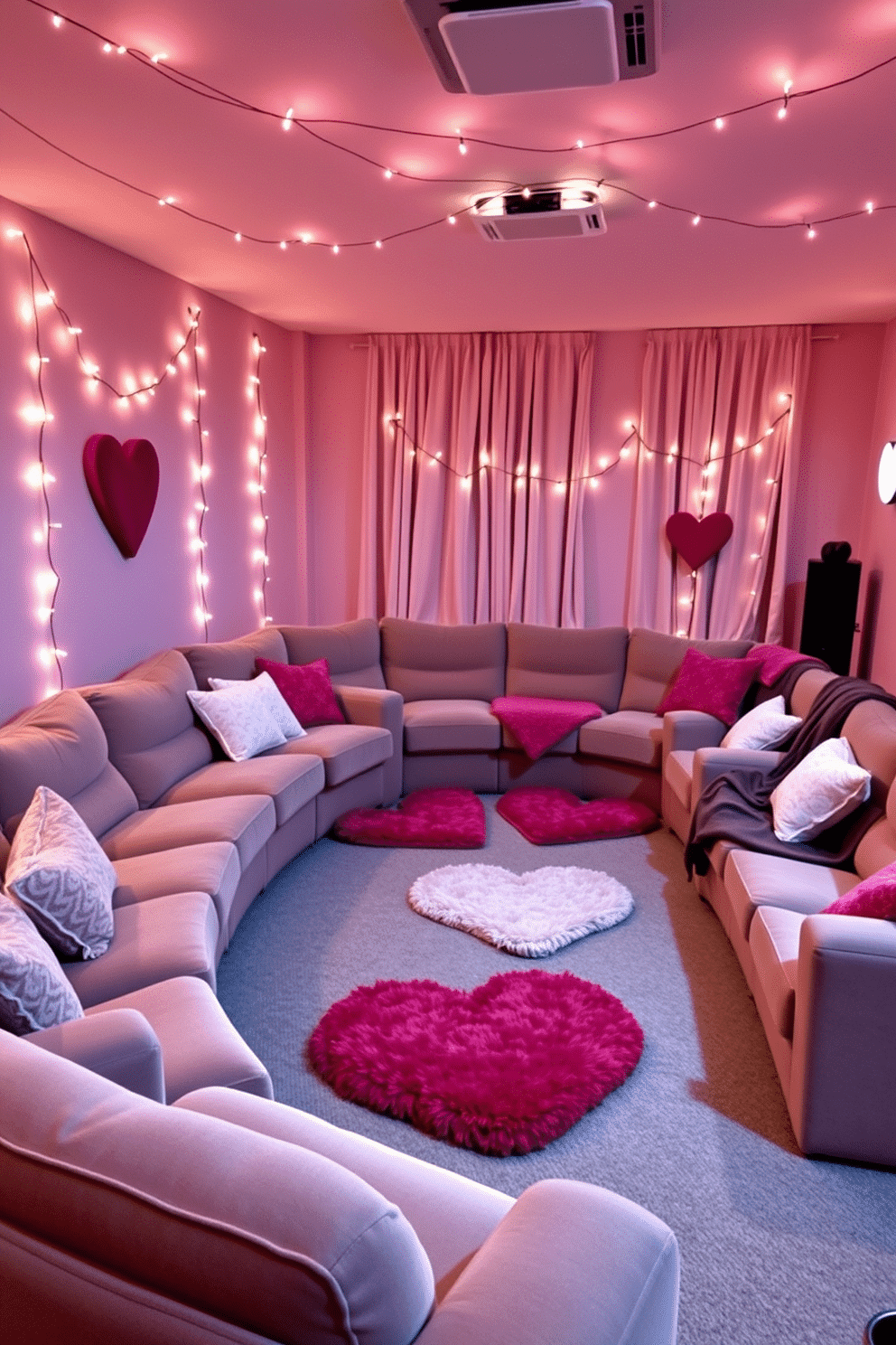 A cozy home theater adorned with heart-shaped rugs creates an inviting atmosphere for movie nights. The plush, oversized seating is arranged in a semi-circle, with soft lighting that enhances the romantic vibe. For Valentine's Day, the decor features delicate string lights draped across the walls and a backdrop of soft pastel colors. Heart-shaped cushions and throws add a touch of warmth and whimsy, making the space perfect for a romantic movie marathon.