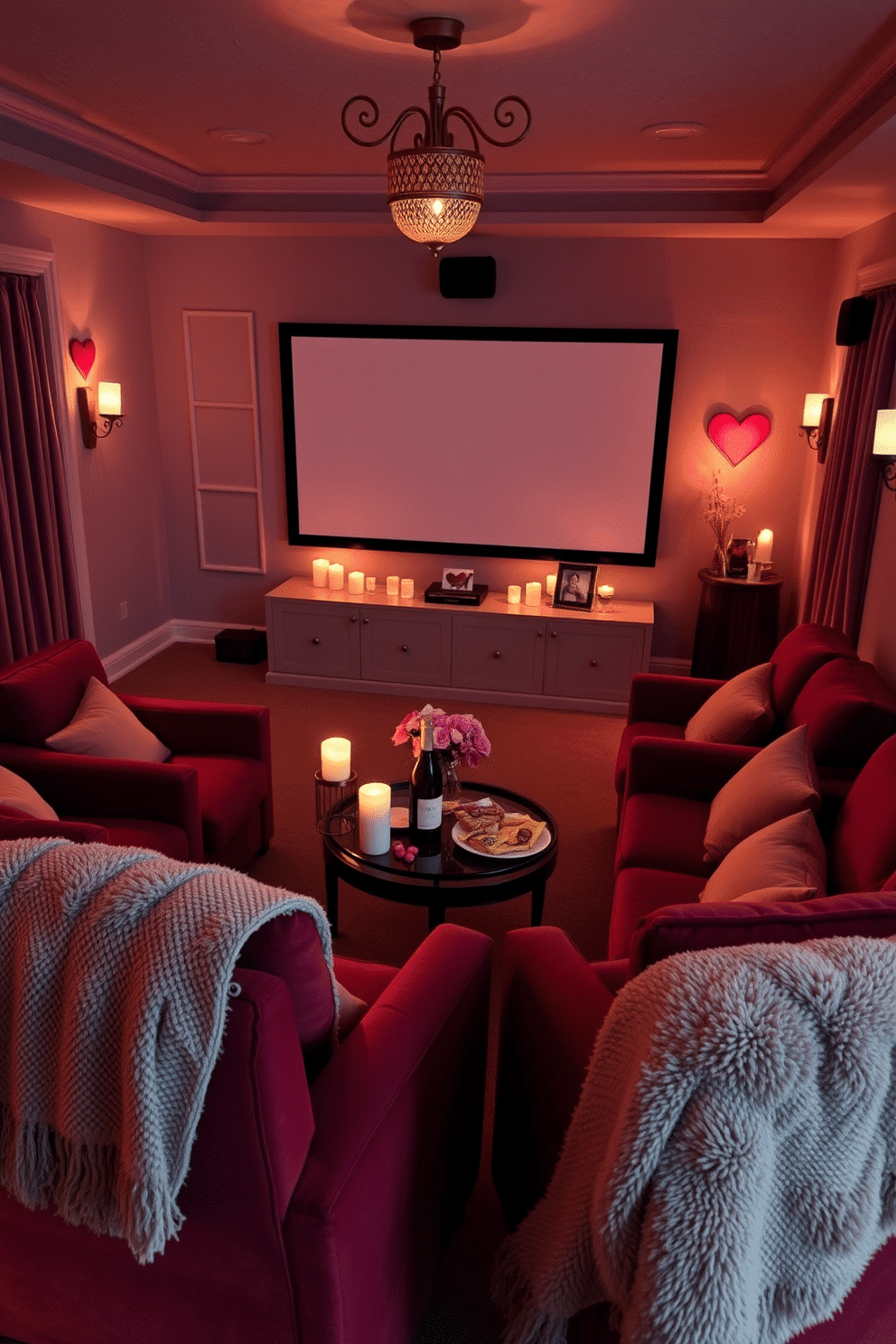 A cozy home theater with candlelit ambiance, featuring plush velvet seating arranged in a semi-circle facing a large screen. Soft, warm lighting creates an intimate atmosphere, while scattered candles in elegant holders add a romantic touch. For Valentine's Day, the room is adorned with heart-shaped decorations and soft pastel colors. A decorative table is set with gourmet snacks and wine, surrounded by plush throws and pillows for a comfortable movie night experience.