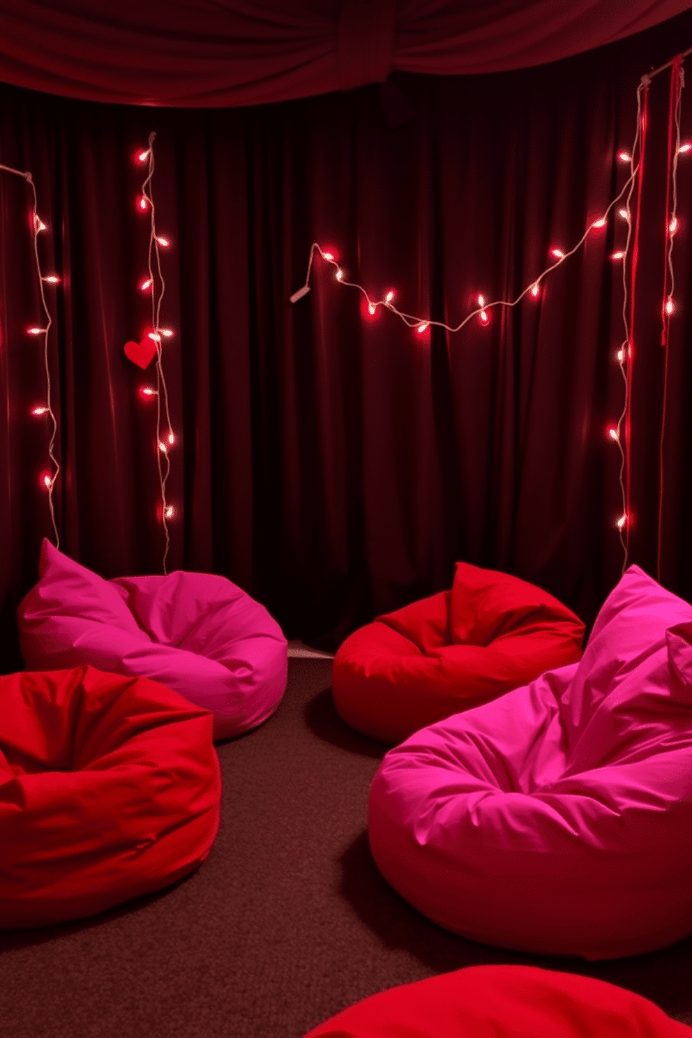 A cozy home theater setting adorned with vibrant red and pink bean bags, creating a playful yet inviting atmosphere. The walls are draped in soft, dark fabric to enhance the cinematic experience, while twinkling fairy lights add a romantic touch for Valentine's Day.