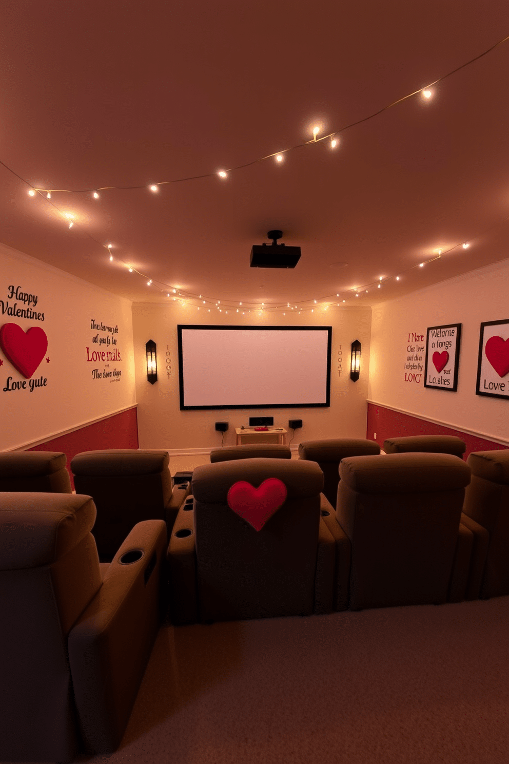 A cozy home theater adorned with love quotes on the walls. The space features plush, reclining seats arranged in a semi-circle, with a large screen at the front and soft, ambient lighting creating an intimate atmosphere. For Valentine's Day, the decor includes heart-shaped throw pillows and romantic artwork framed on the walls. Subtle fairy lights are draped across the ceiling, enhancing the warm and inviting vibe of the room.