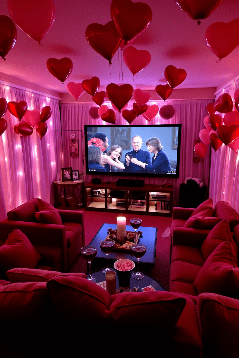 A cozy home theater setting adorned with heart-shaped balloons in shades of red and pink. The walls are draped with soft, romantic lighting, creating an intimate atmosphere perfect for a Valentine's Day movie night. Plush seating is arranged in a semi-circle, with decorative throw pillows featuring heart motifs. A large screen displays a classic romantic film, while a snack table is set up with sweet treats and drinks in festive glassware.