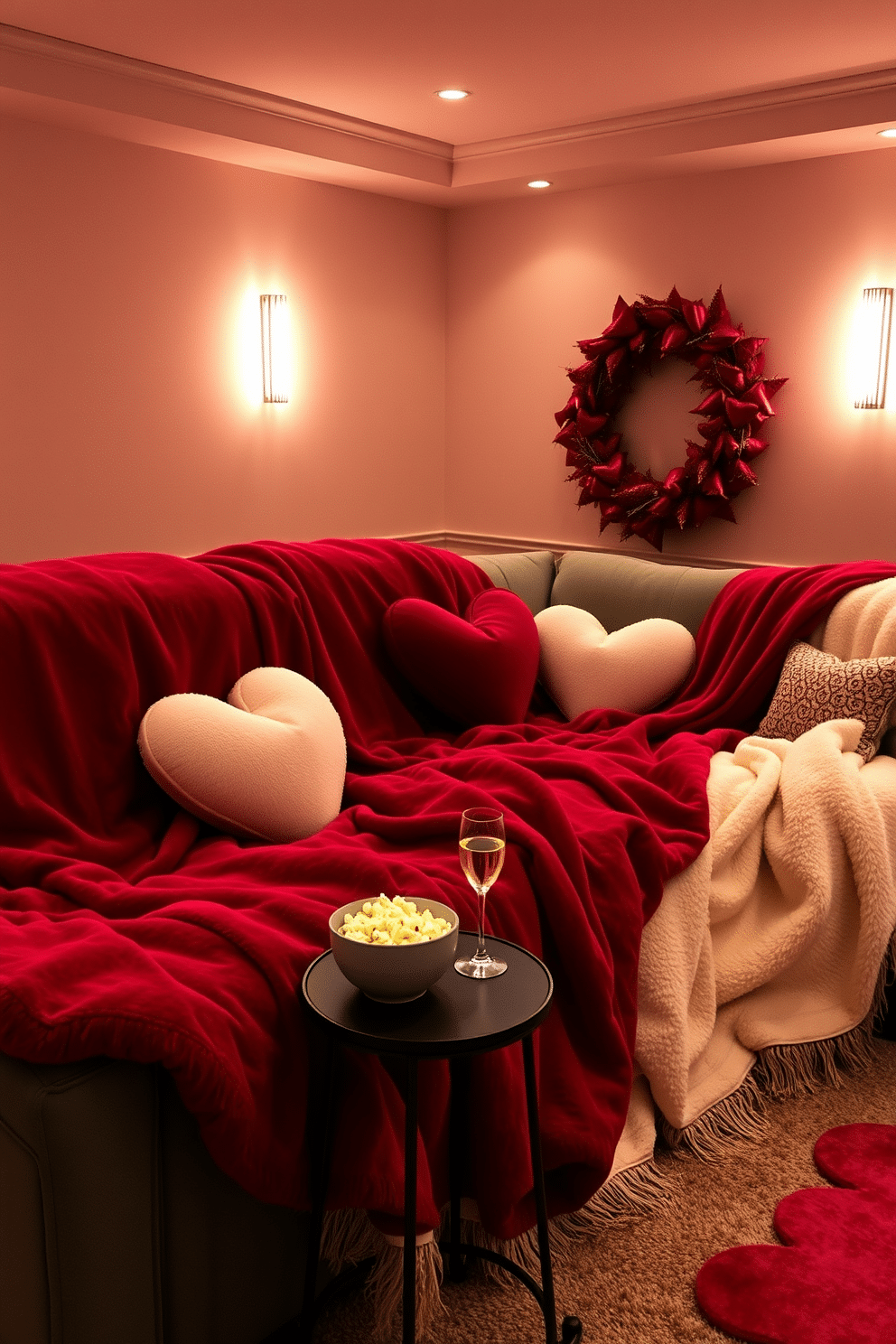 A cozy home theater setting designed for a romantic Valentine's Day experience. The plush, oversized blankets in deep red and soft cream are draped over a large sectional sofa, inviting relaxation and warmth. Soft, dimmable lighting casts a gentle glow throughout the room, enhancing the intimate atmosphere. Heart-shaped cushions and decorative throws add a touch of whimsy, while a small table holds gourmet popcorn and two glasses of sparkling wine.