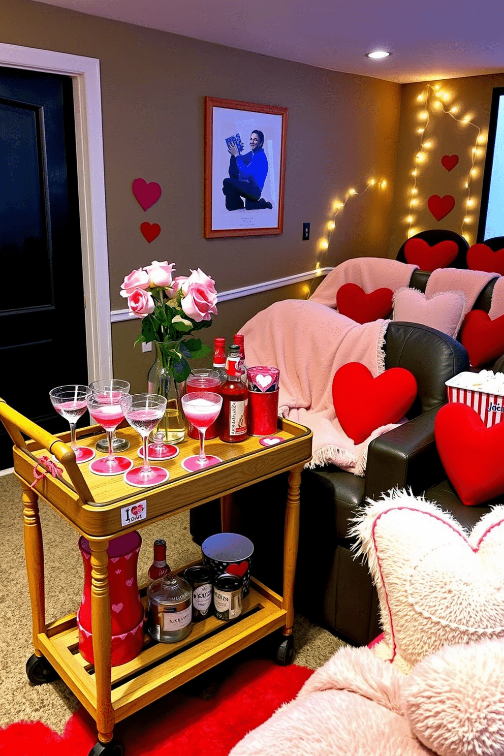 A Valentine's themed drink station features a charming wooden bar cart adorned with festive decorations. The cart is topped with a selection of pink and red drinkware, heart-shaped coasters, and a bouquet of roses in a glass vase. The home theater is transformed for Valentine's Day with cozy, plush seating draped in soft, romantic throws. Heart-shaped pillows and twinkling fairy lights create an inviting atmosphere, while a popcorn station offers heart-themed snacks for the perfect movie night.