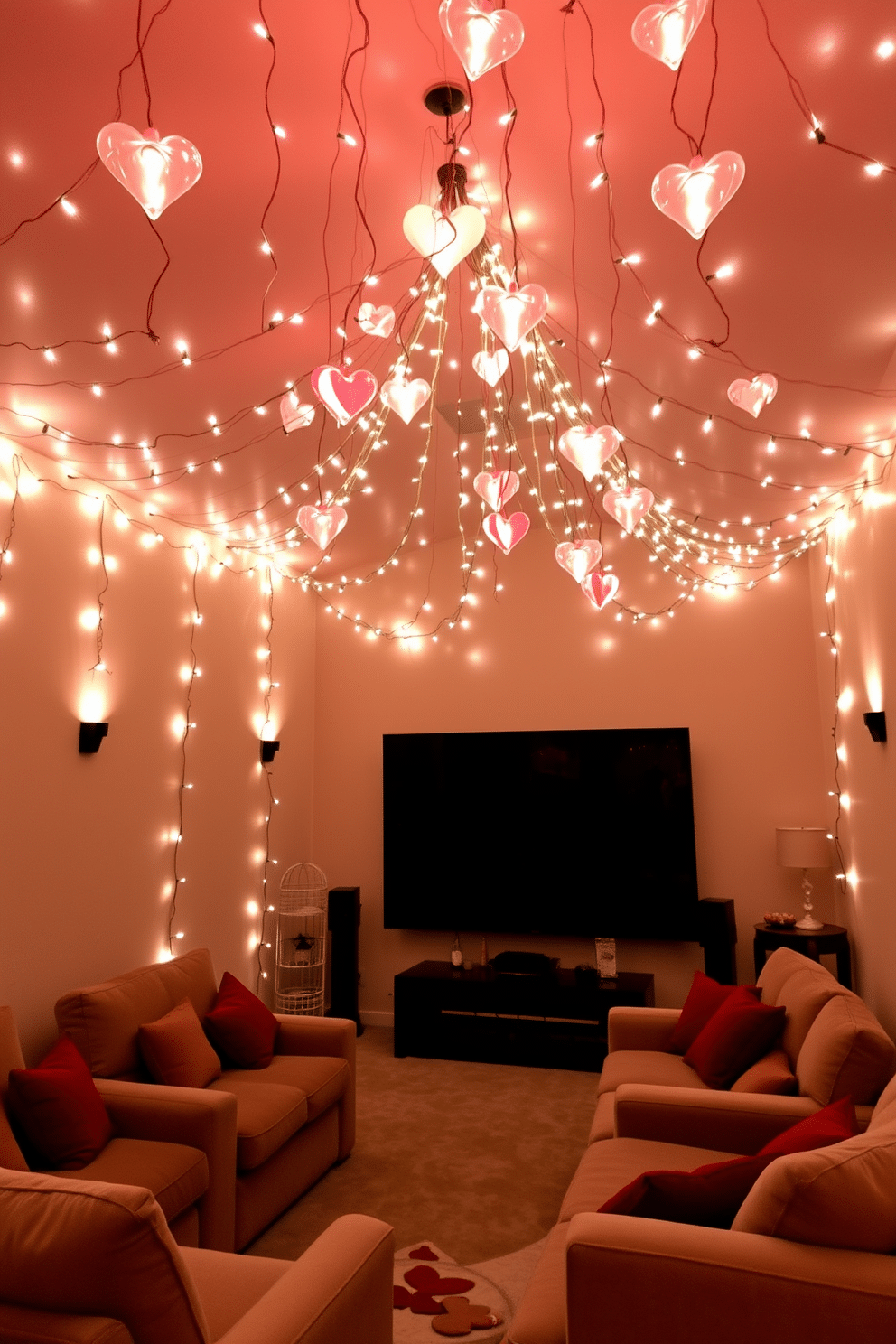 A cozy home theater adorned with heart-shaped string lights drapes elegantly across the ceiling, creating a romantic ambiance for Valentine's Day. Plush seating is arranged in a semi-circle, inviting guests to relax and enjoy a movie night filled with love and laughter.