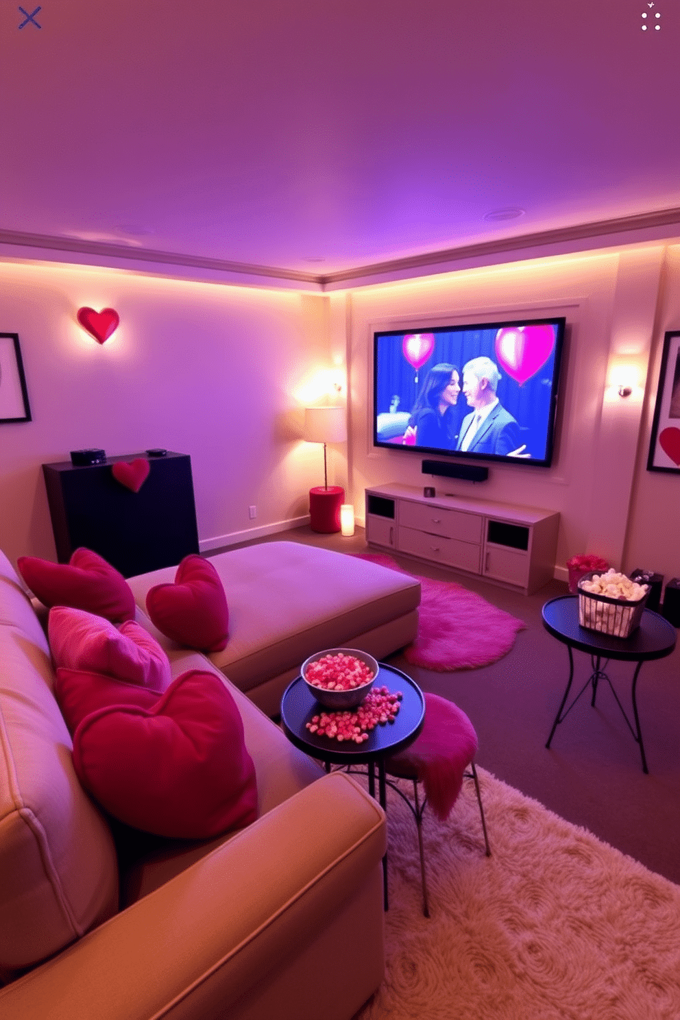 A cozy home theater adorned for Valentine's Day, featuring a plush sectional sofa with heart-shaped throw pillows in shades of red and pink. Soft ambient lighting casts a warm glow, while a large screen displays a romantic movie, creating an inviting atmosphere for a perfect movie night. The walls are decorated with subtle heart-themed artwork, and a small snack table holds an assortment of treats, including popcorn and heart-shaped candies. A fluffy area rug in soft tones adds comfort underfoot, completing this romantic setting for a special evening.