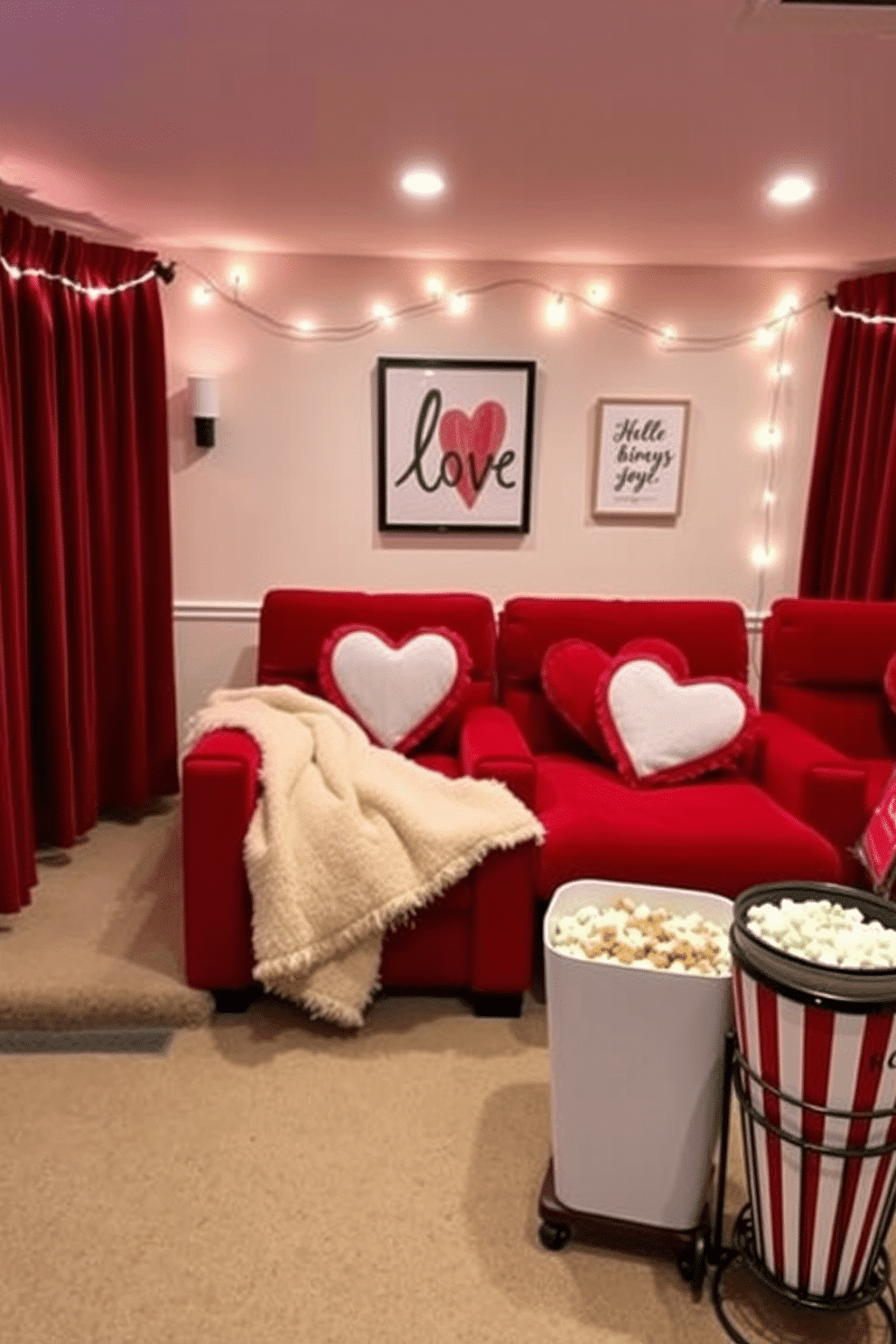 A cozy home theater adorned for Valentine's Day features customized love seat covers in rich red velvet, adding a touch of romance to the space. Soft, ambient lighting creates an inviting atmosphere, while heart-shaped cushions and a plush throw blanket enhance the comfort for a perfect movie night. The walls are decorated with subtle, themed artwork that celebrates love, complemented by elegant string lights that twinkle softly. A stylish popcorn station nearby, complete with gourmet toppings, invites guests to indulge while enjoying a favorite romantic film.