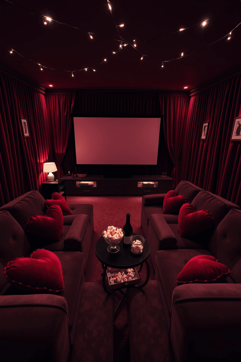 A cozy home theater setting designed for a romantic Valentine's Day atmosphere. Soft, dimmable lighting creates an intimate ambiance, with plush seating arranged in a semi-circle facing a large screen. The walls are adorned with rich, deep red fabric drapes, and scattered heart-shaped pillows add a playful touch to the seating. A small table holds a selection of gourmet popcorn and a bottle of wine, while delicate fairy lights twinkle overhead, enhancing the romantic vibe.