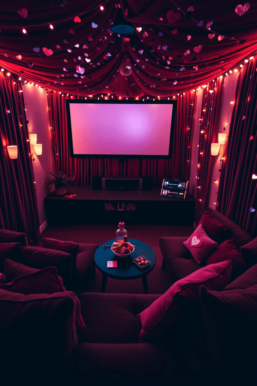 A cozy home theater adorned with heart-shaped confetti decor creates a romantic ambiance perfect for Valentine's Day. Soft, dimmable lighting enhances the warm atmosphere, while plush seating is scattered with heart-themed cushions for added comfort. The walls are draped with rich, deep red fabric, and a large screen is framed by twinkling fairy lights. A snack bar features heart-shaped treats and a selection of romantic films ready for an unforgettable movie night.