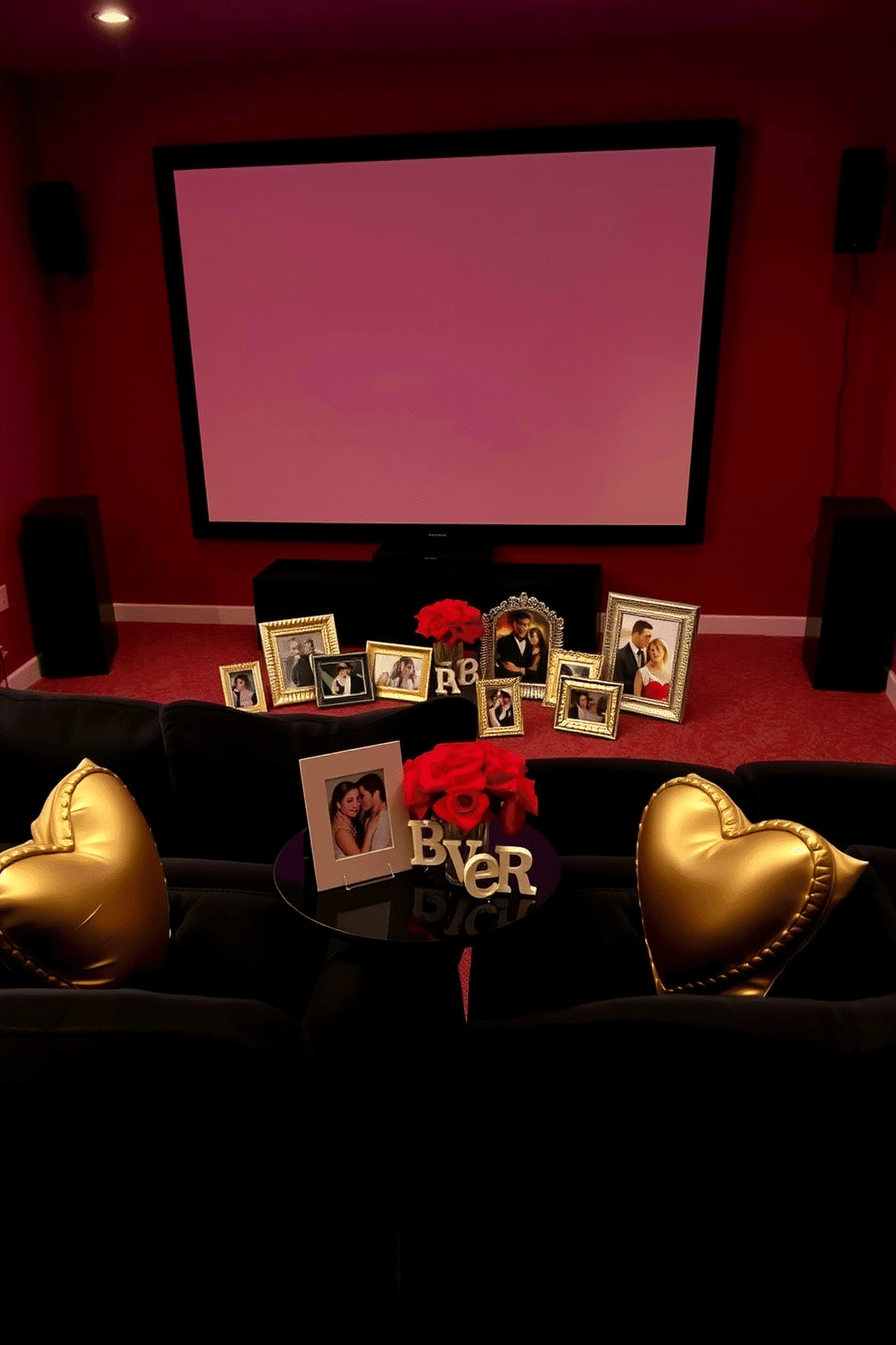 A cozy home theater setting adorned with romantic decor for Valentine's Day. The walls are painted a deep crimson, and plush black seating is arranged in a semi-circle around a large screen, creating an intimate atmosphere. On a side table, a collection of couple photo frames displays cherished memories, each frame elegantly designed in gold and silver tones. Soft, ambient lighting highlights the frames while heart-shaped cushions add a touch of warmth and romance to the seating area.