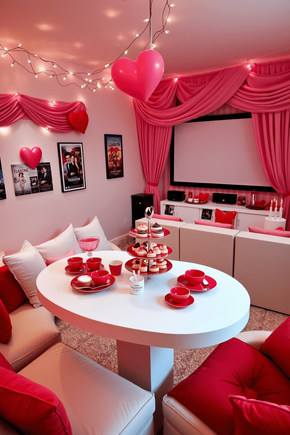 A charming Valentine's themed snack bar featuring a heart-shaped table adorned with pink and red tableware. Delicate fairy lights twinkle above, creating a warm ambiance, while a variety of sweet and savory treats are elegantly displayed on tiered trays. A cozy home theater decorated for Valentine's Day, with plush red and white cushions scattered across the seating area. Romantic movie posters line the walls, and a large screen is framed by soft, draped fabric in shades of pink, inviting couples to enjoy a movie night together.