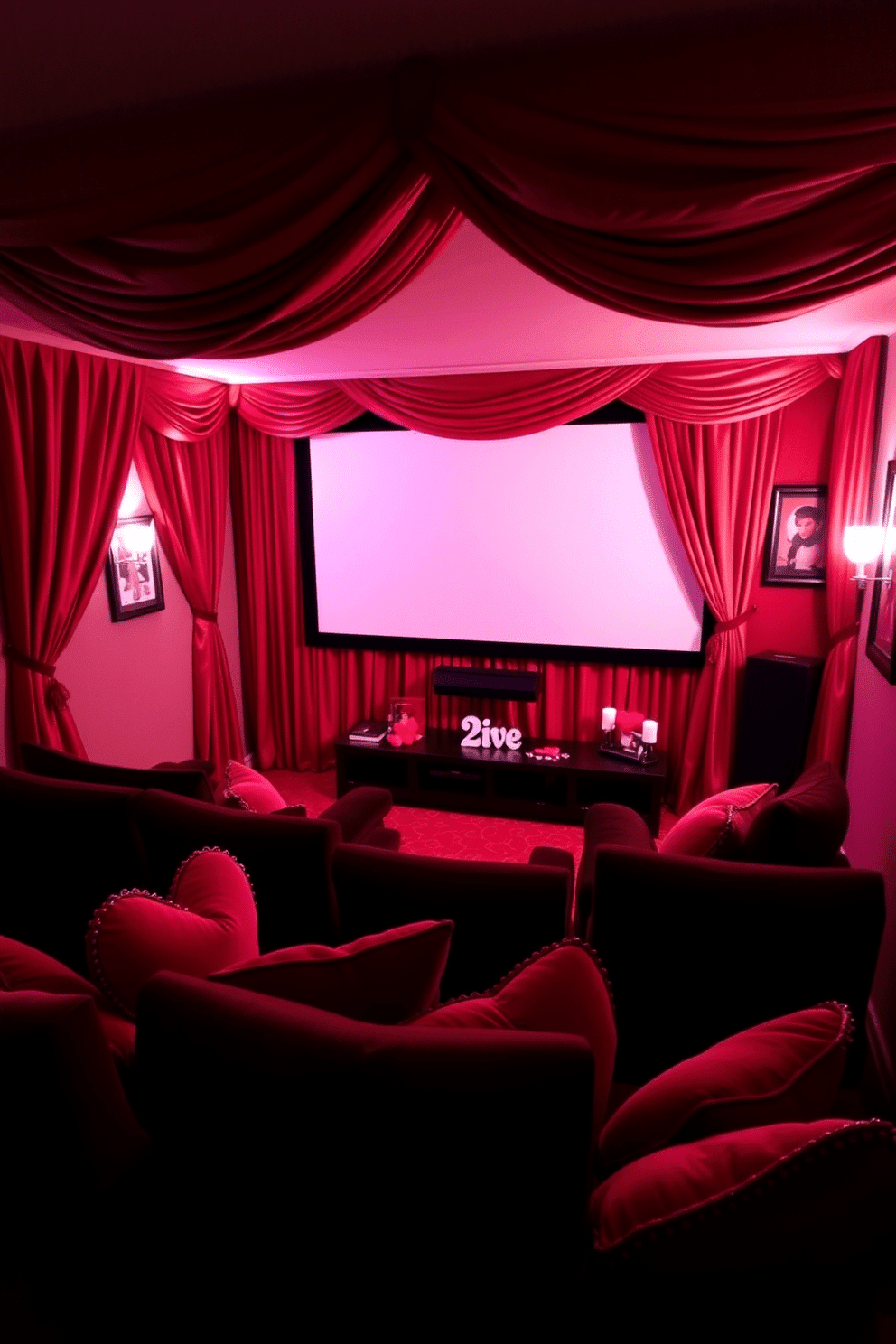 A cozy home theater adorned with luxurious red and pink drapes that frame a large screen, creating an intimate and romantic atmosphere. Plush seating in rich, dark tones is complemented by soft, ambient lighting that enhances the festive Valentine's Day decor, including heart-shaped cushions and themed artwork on the walls.