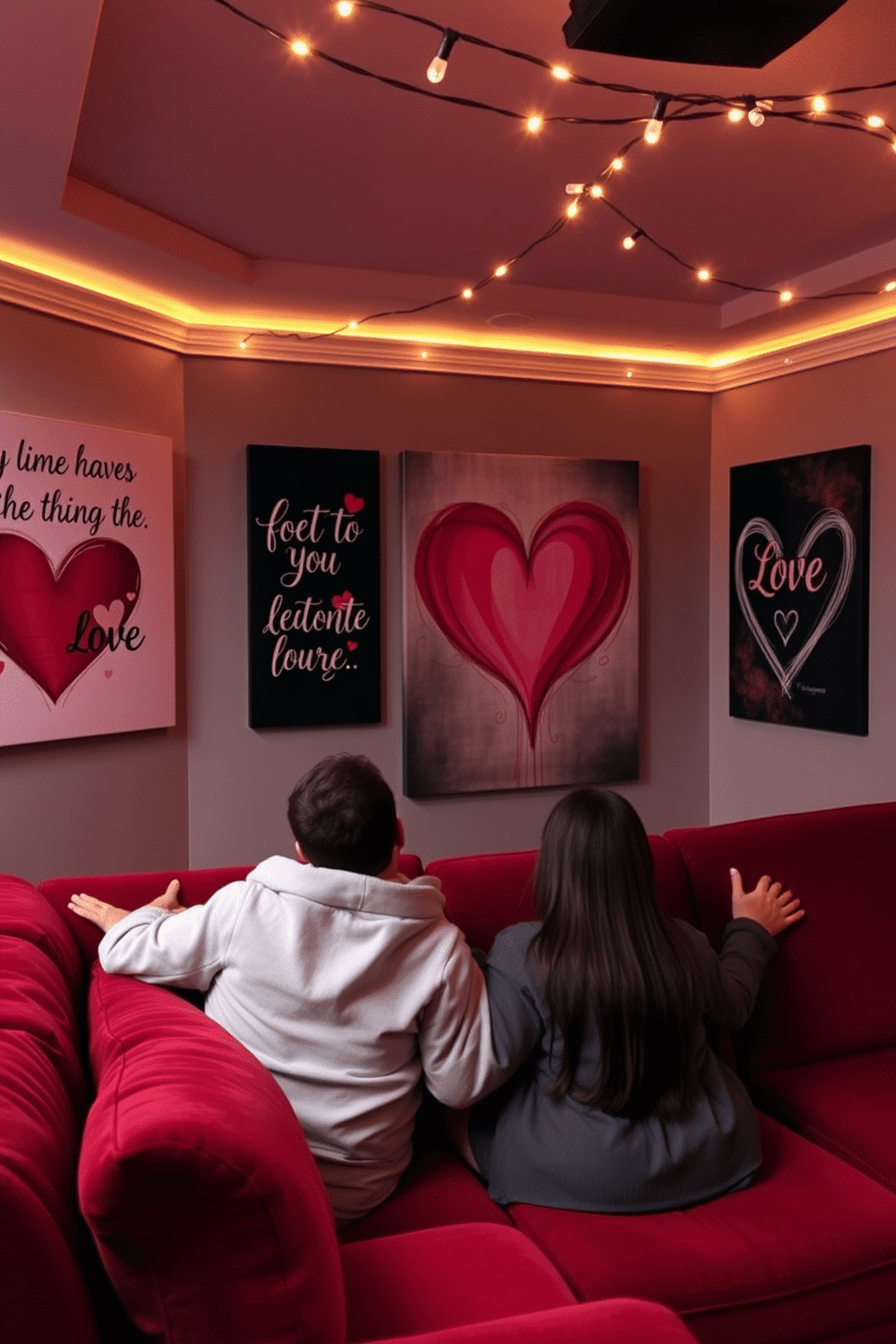 A cozy home theater adorned with love-themed wall art. The walls feature large canvas prints of romantic quotes and abstract heart designs, creating an inviting atmosphere for movie nights. Soft, ambient lighting enhances the mood, with string lights draping across the ceiling. Plush seating in deep red and soft gray tones invites couples to snuggle up and enjoy their favorite films together.