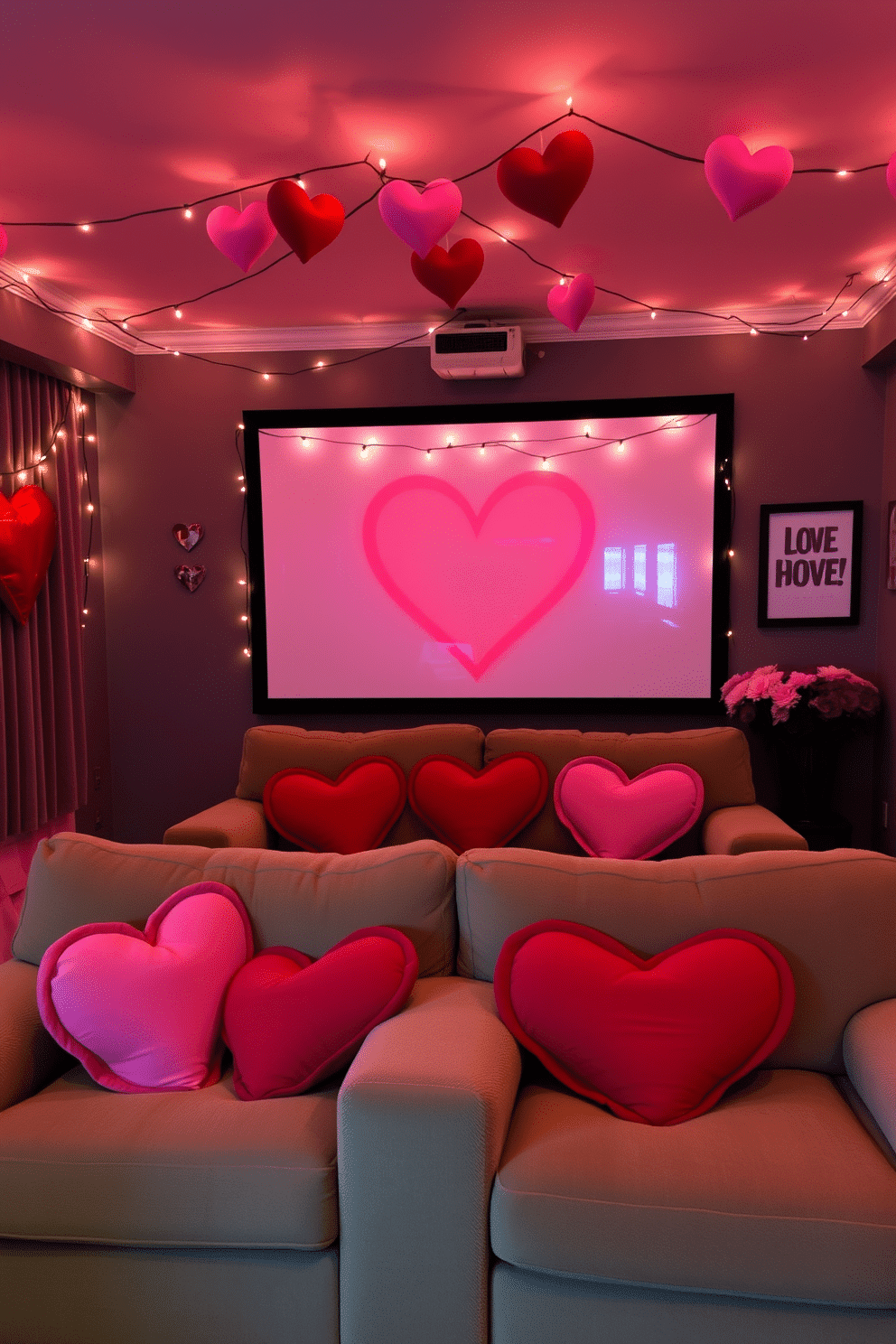 A cozy home theater adorned for Valentine's Day features plush seating with heart-shaped cushions in shades of red and pink. Soft, ambient lighting creates a romantic atmosphere, while decorative elements like string lights and heart-themed artwork enhance the festive spirit.