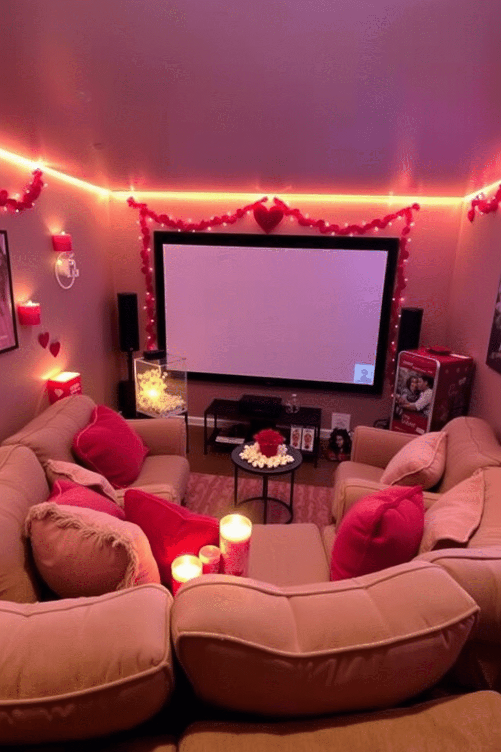 A cozy home theater setting adorned with rose-scented candles. The ambient lighting is soft, casting a warm glow on plush seating arranged in a semi-circle around a large screen. Decorative elements for Valentine's Day include heart-shaped throw pillows and a romantic color palette of reds and pinks. A stylish popcorn machine sits in the corner, adding a playful touch to the intimate movie experience.