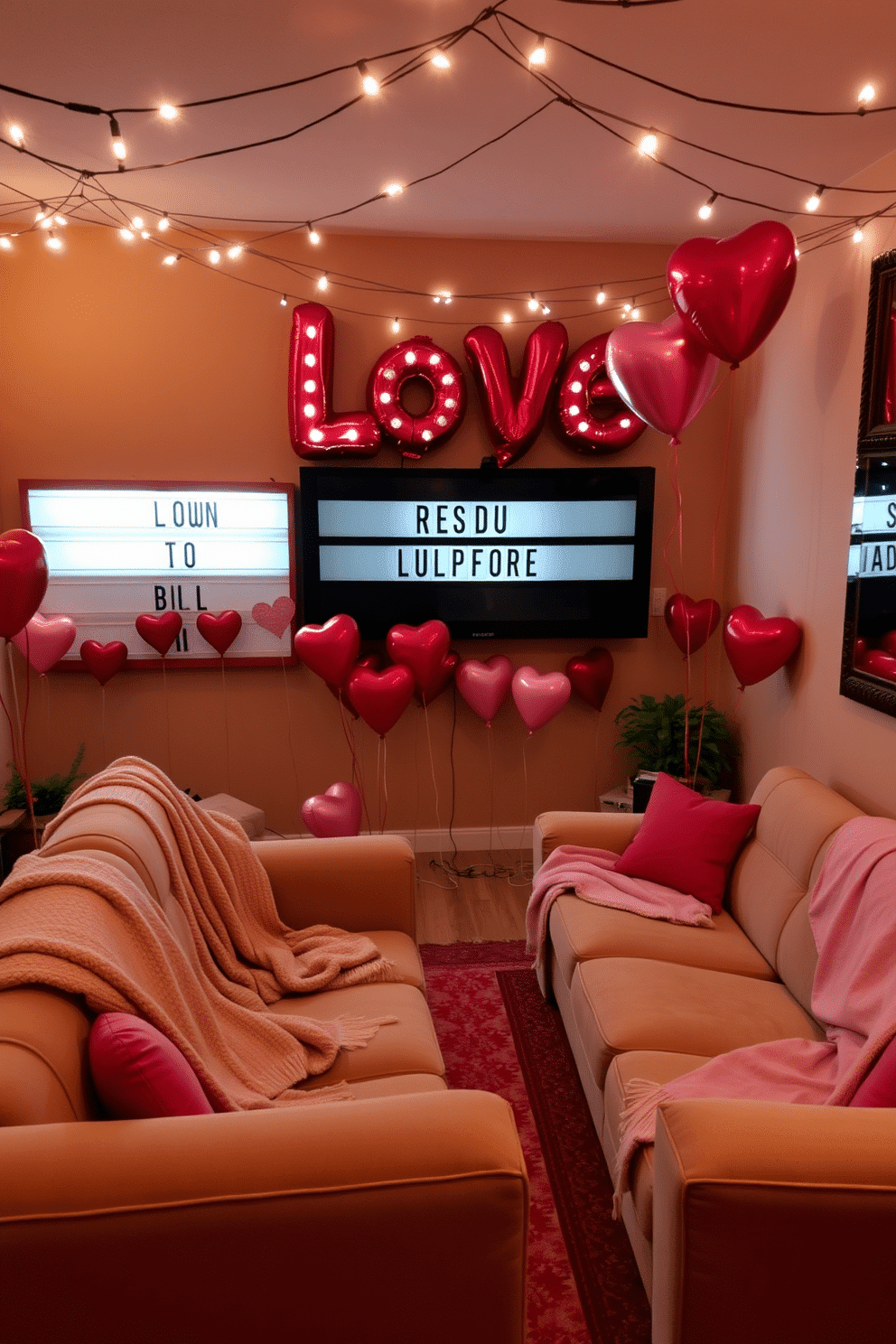 A cozy home theater setting adorned with Valentine's Day decorations. A large marquee sign reading 